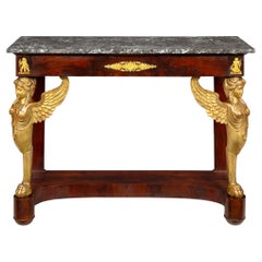 Fine French Empire Mahogany Gilt Figural Sphinx Pier Console Table c. 1815