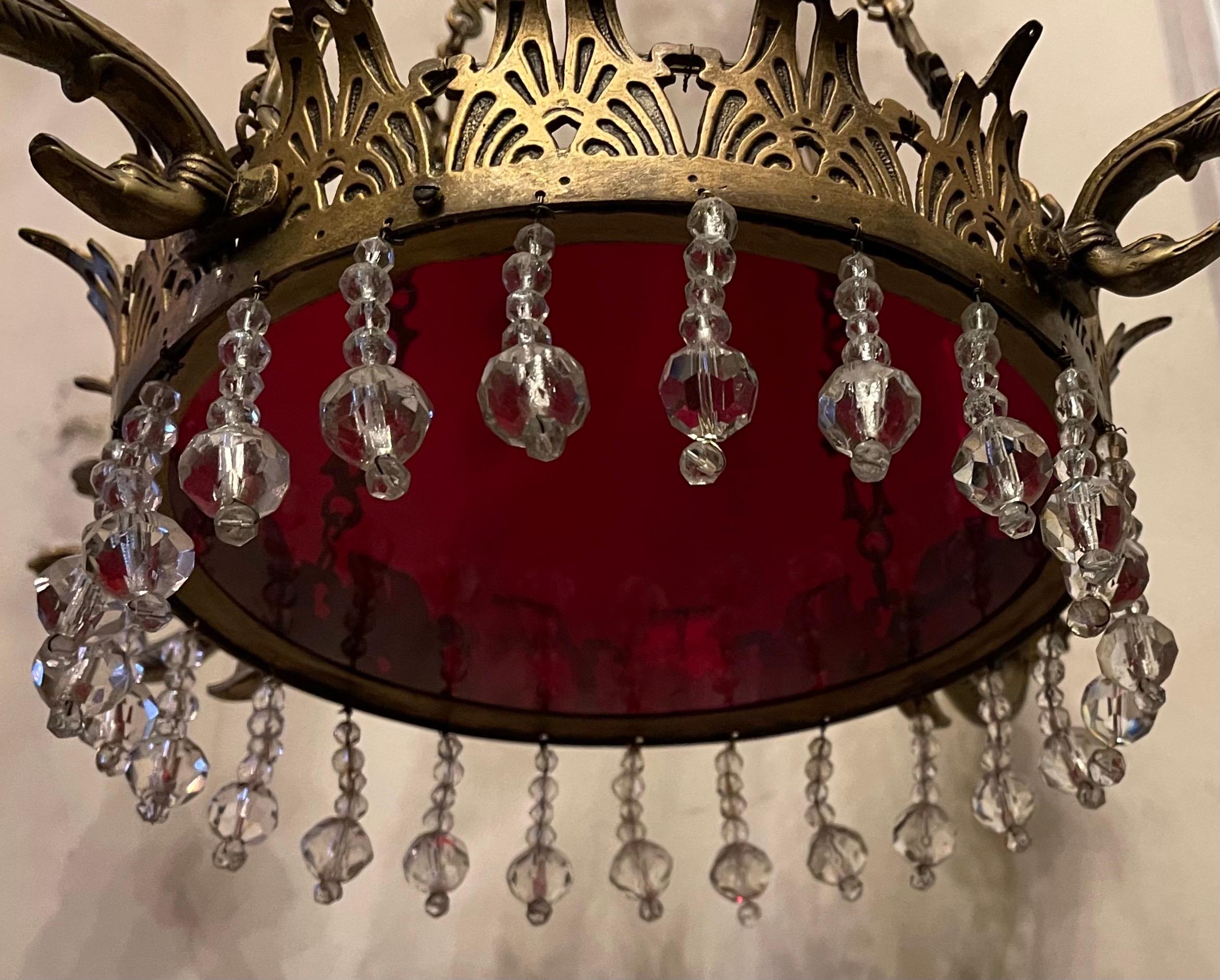 20th Century Fine French Empire Neoclassical Gilt Bronze Red Glass Crystal Baltic Chandelier For Sale