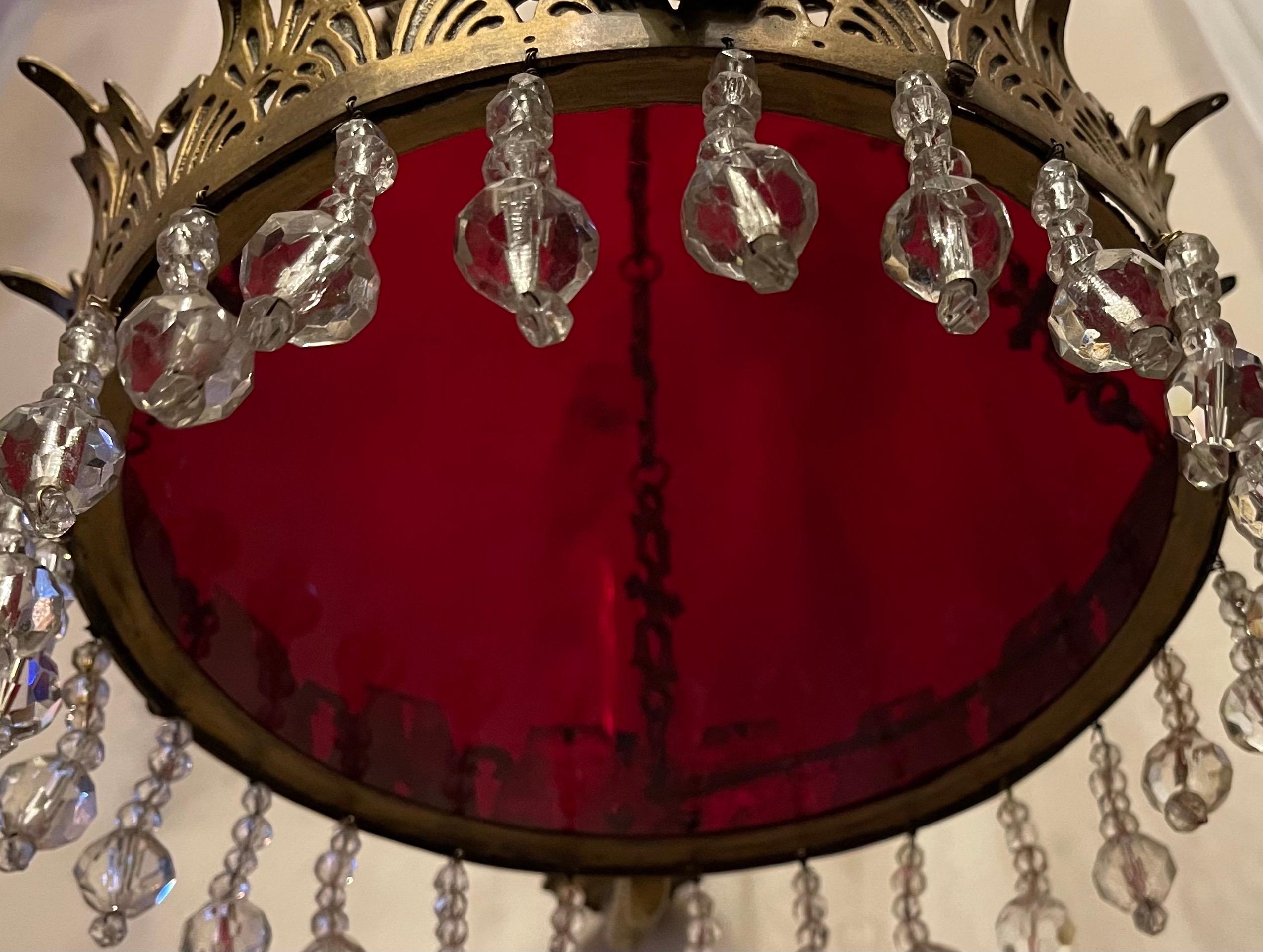 Fine French Empire Neoclassical Gilt Bronze Red Glass Crystal Baltic Chandelier For Sale 3