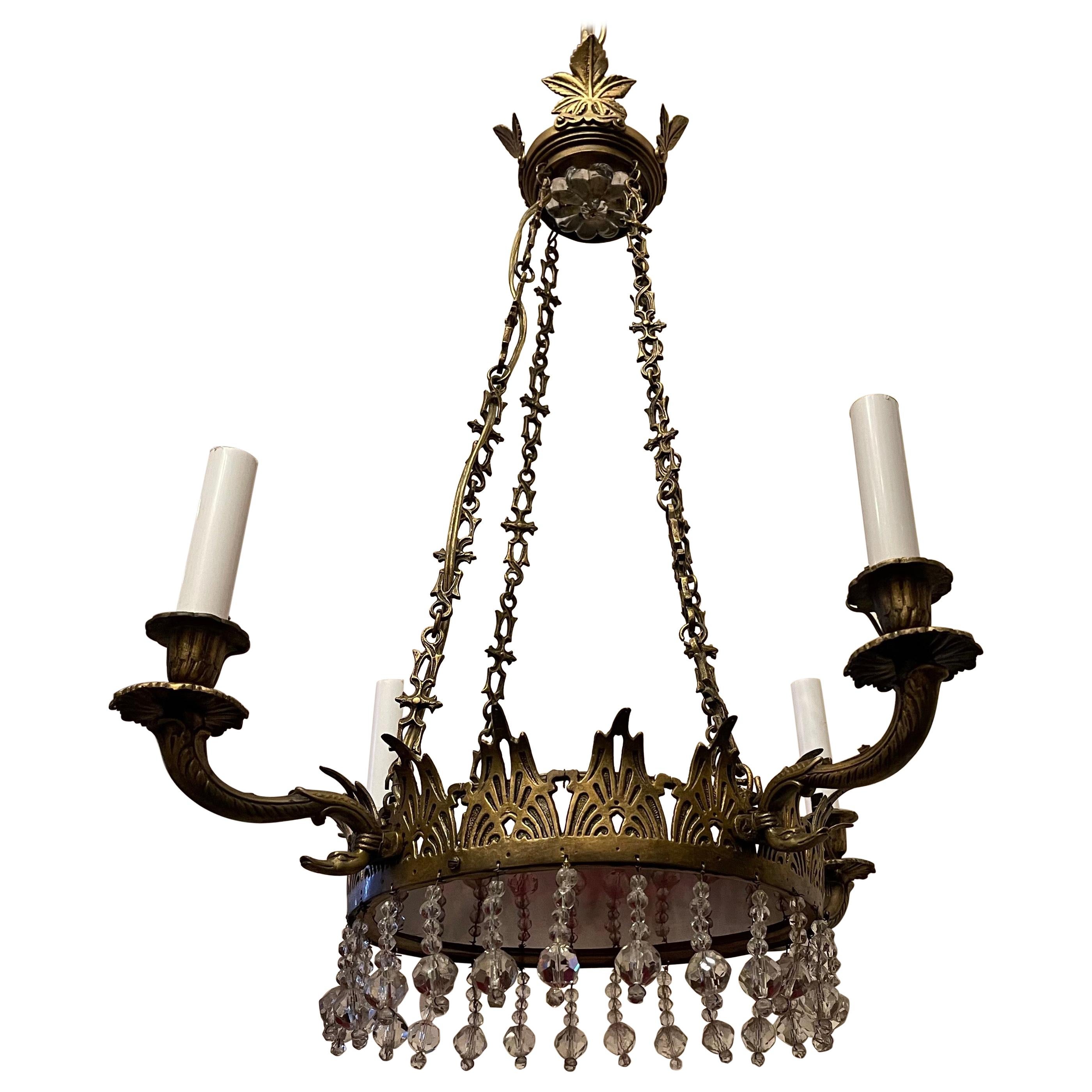 Fine French Empire Neoclassical Gilt Bronze Red Glass Crystal Baltic Chandelier For Sale