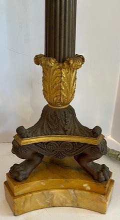 Fine French Empire Neoclassical Patinated Dore Bronze Marble Pair Column Lamps