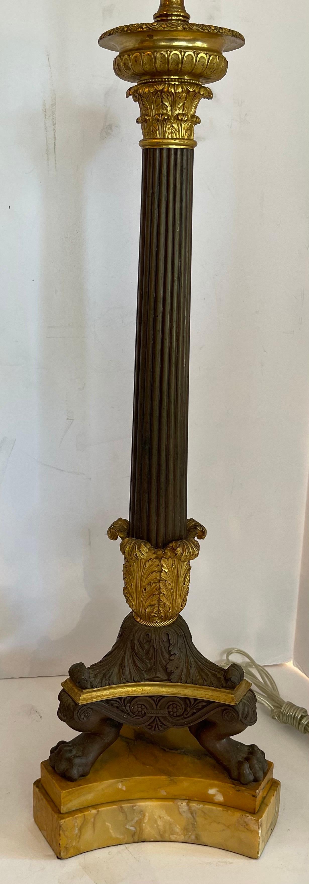 Gilt Fine French Empire Neoclassical Patinated Dore Bronze Marble Pair Column Lamps
