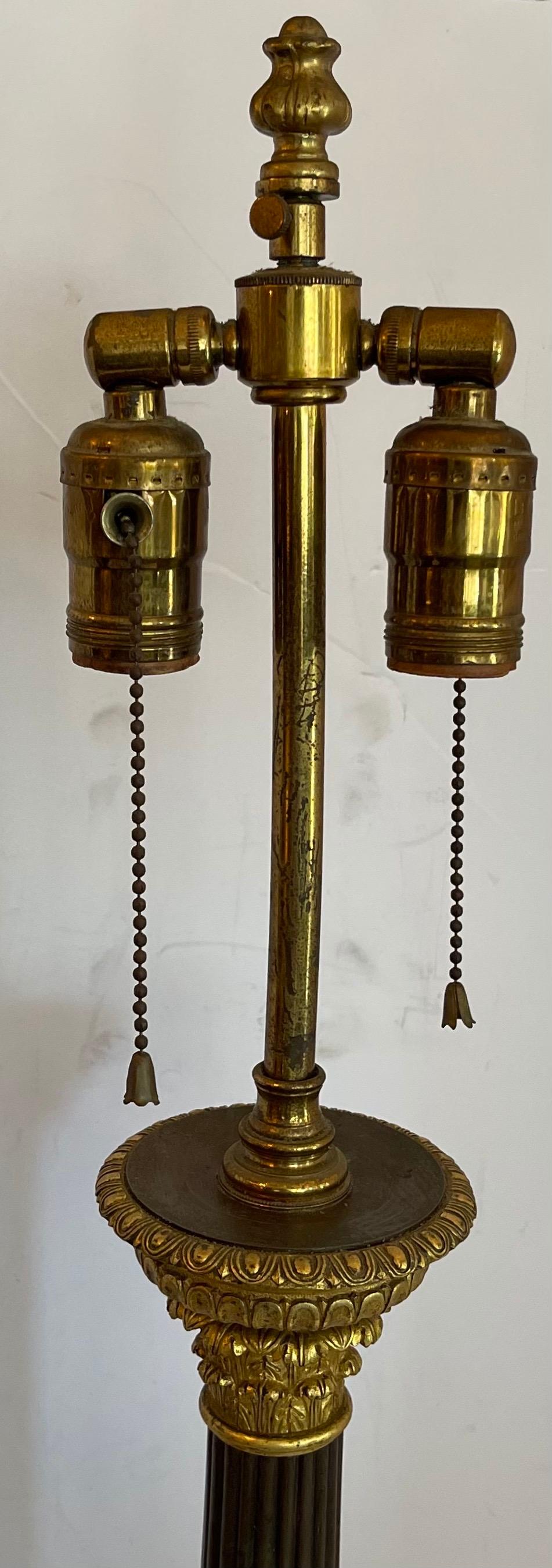 Fine French Empire Neoclassical Patinated Dore Bronze Marble Pair Column Lamps In Good Condition In Roslyn, NY