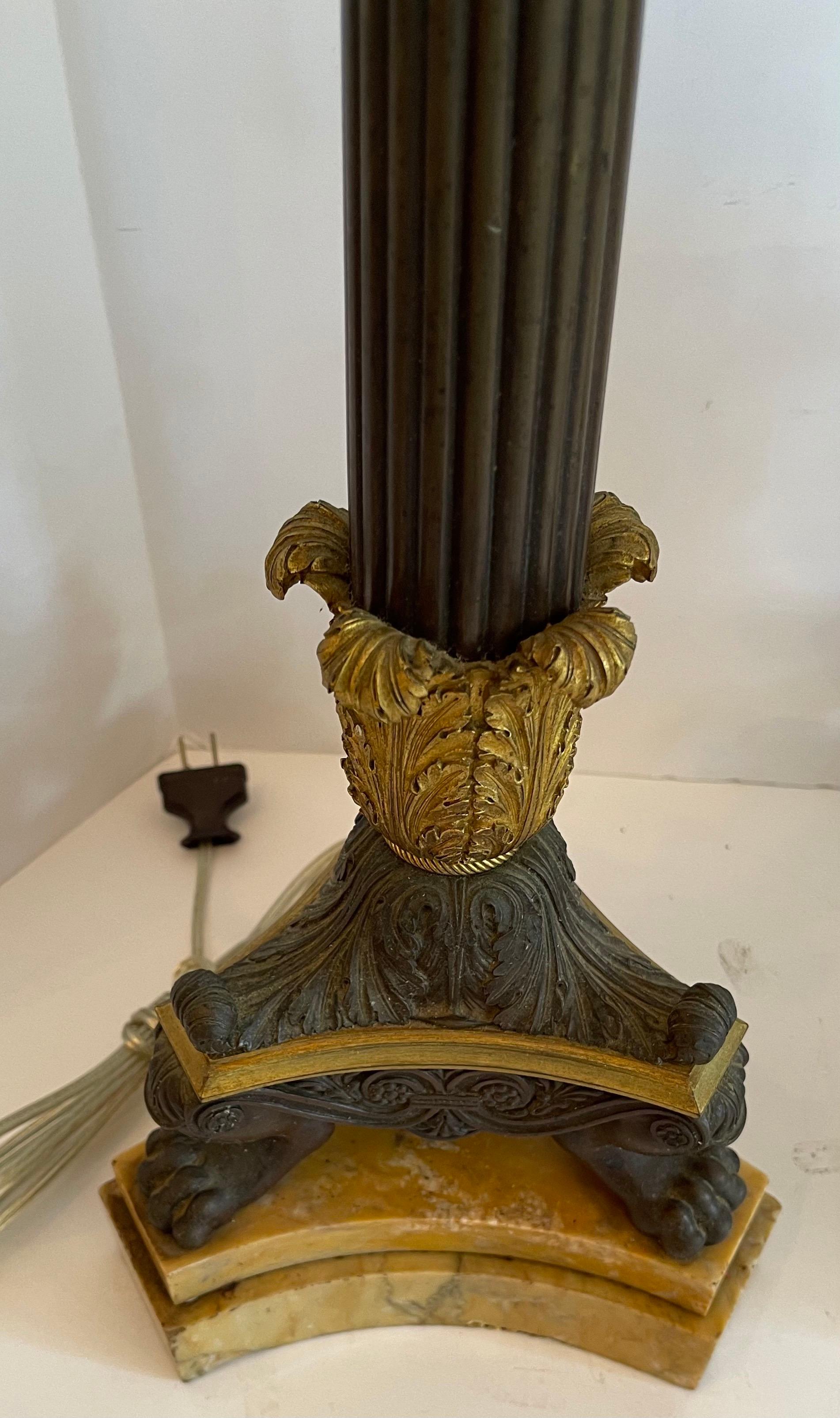 19th Century Fine French Empire Neoclassical Patinated Dore Bronze Marble Pair Column Lamps