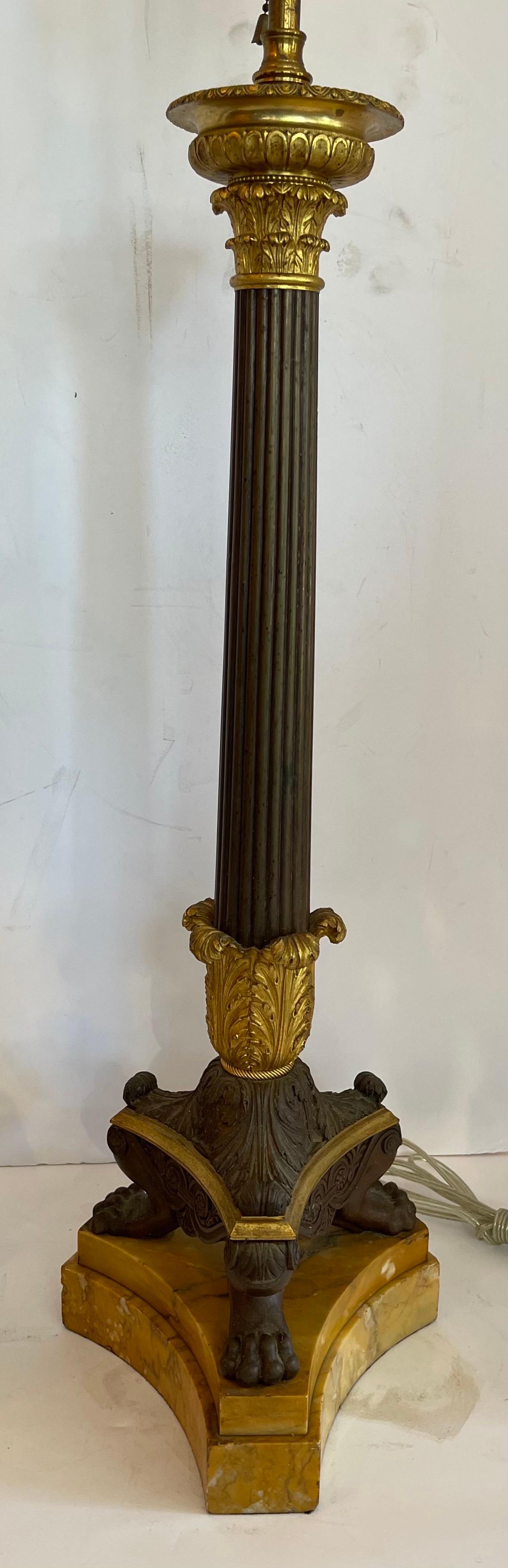 Fine French Empire Neoclassical Patinated Dore Bronze Marble Pair Column Lamps 2
