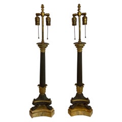 Fine French Empire Neoclassical Patinated Dore Bronze Marble Pair Column Lamps