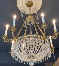 Fine French Empire Neoclassical Regency Dore Bronze Crystal Basket Chandelier