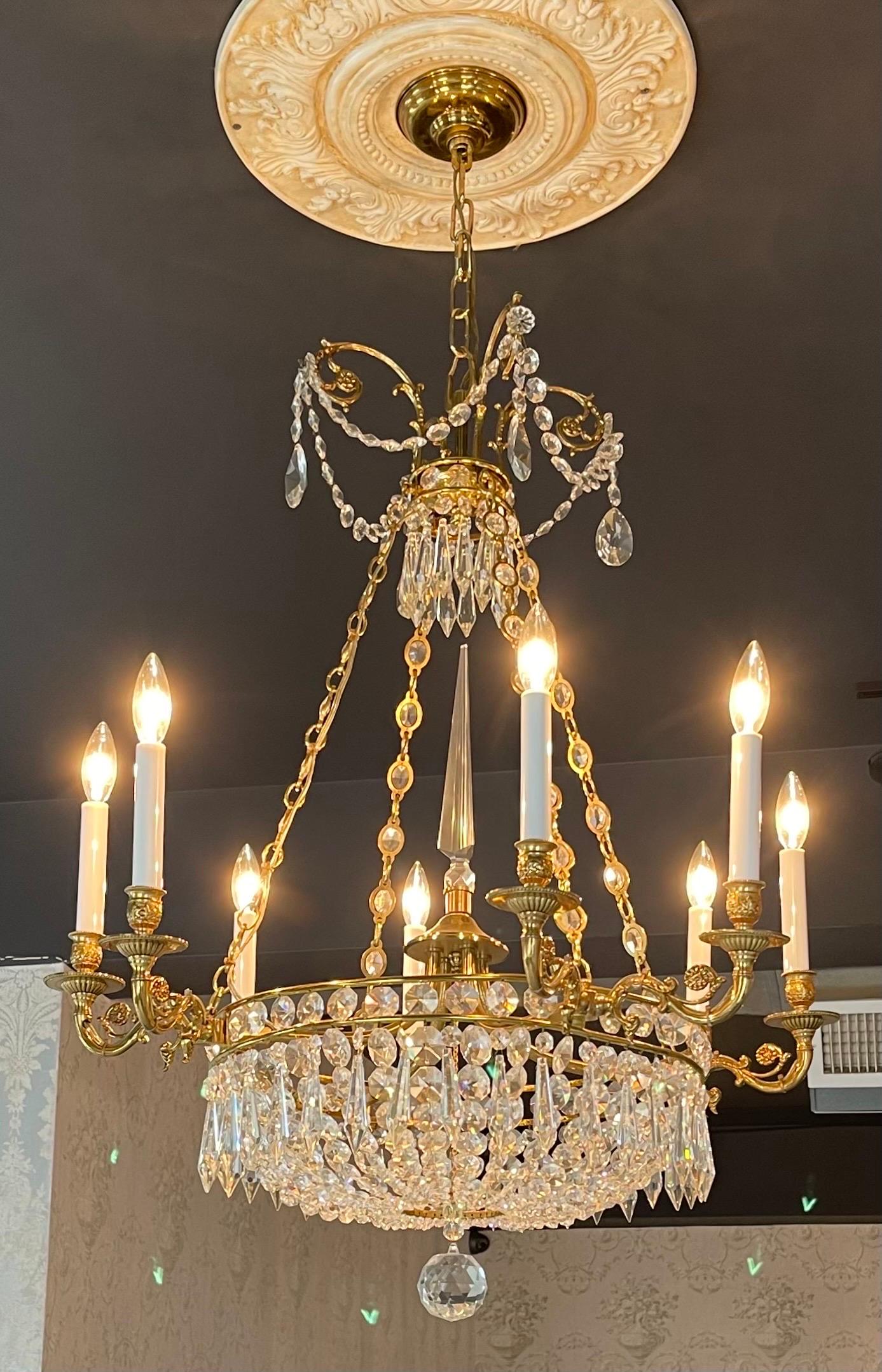 Fine French Empire Neoclassical Regency Dore Bronze Crystal Basket Chandelier In Good Condition In Roslyn, NY
