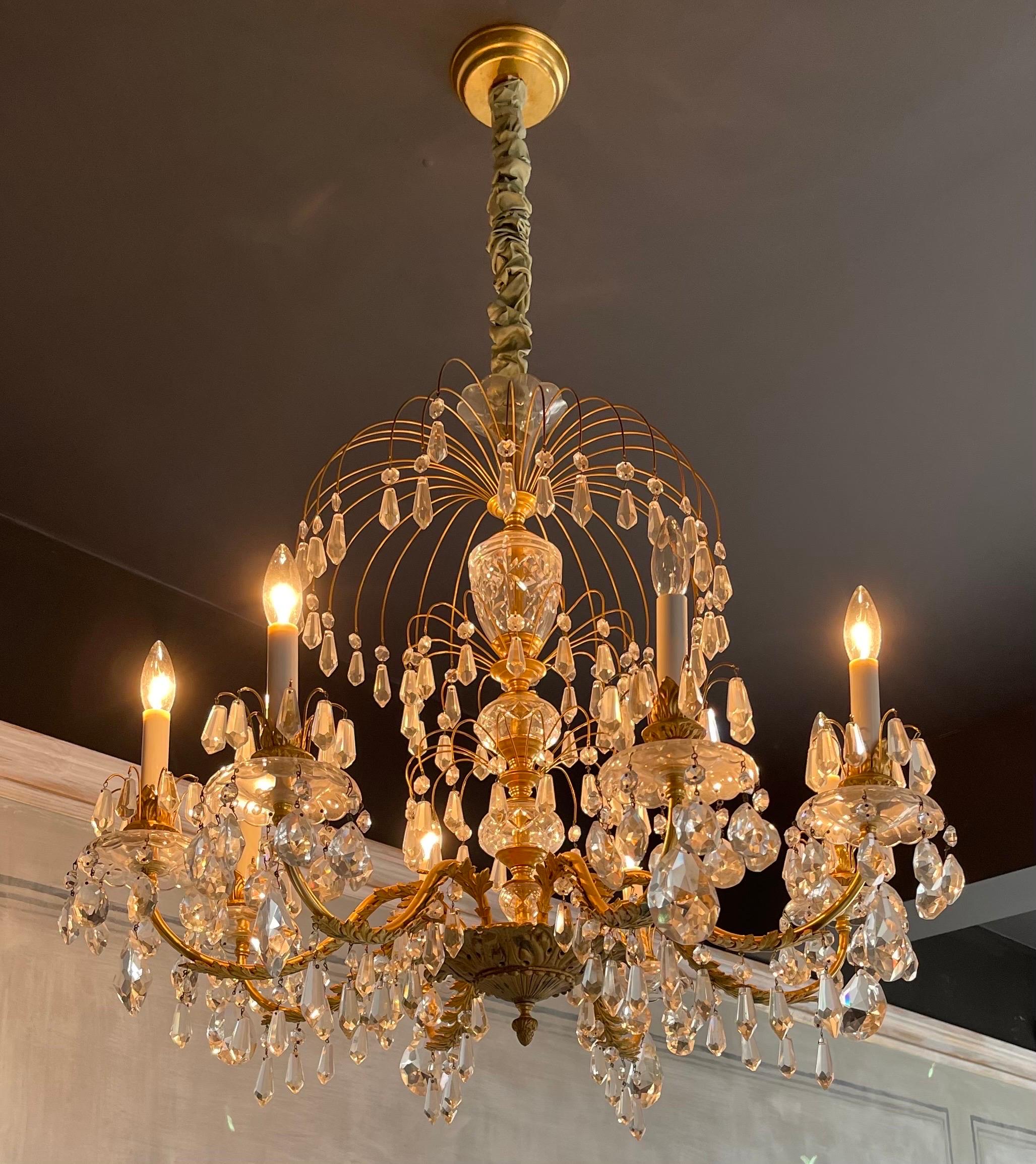 20th Century Fine French Empire Neoclassical Regency Dore Bronze Crystal Basket Chandelier For Sale