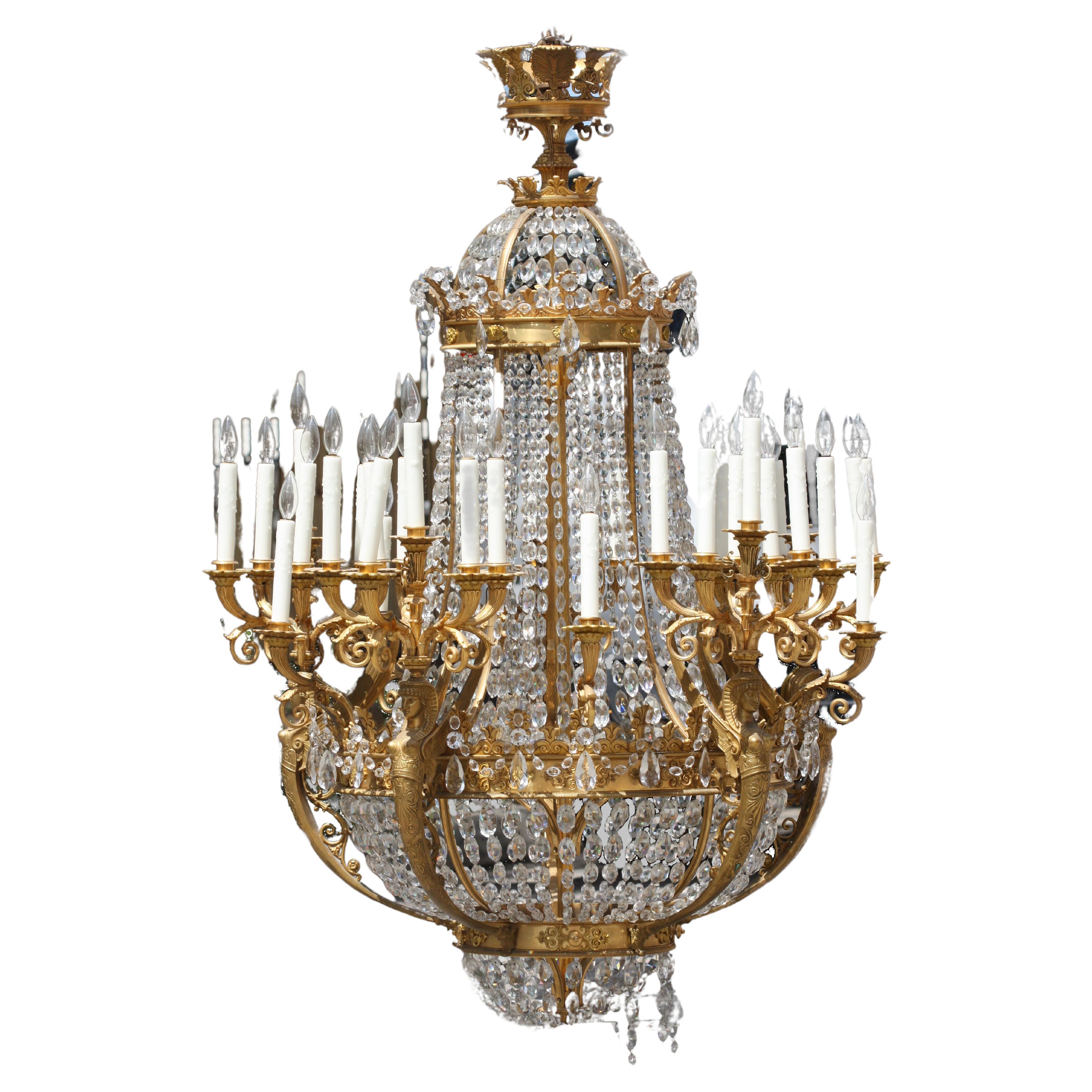 Fine French Empire Ormolu & Cut-GLass Thirty-Five Chandelier For Sale