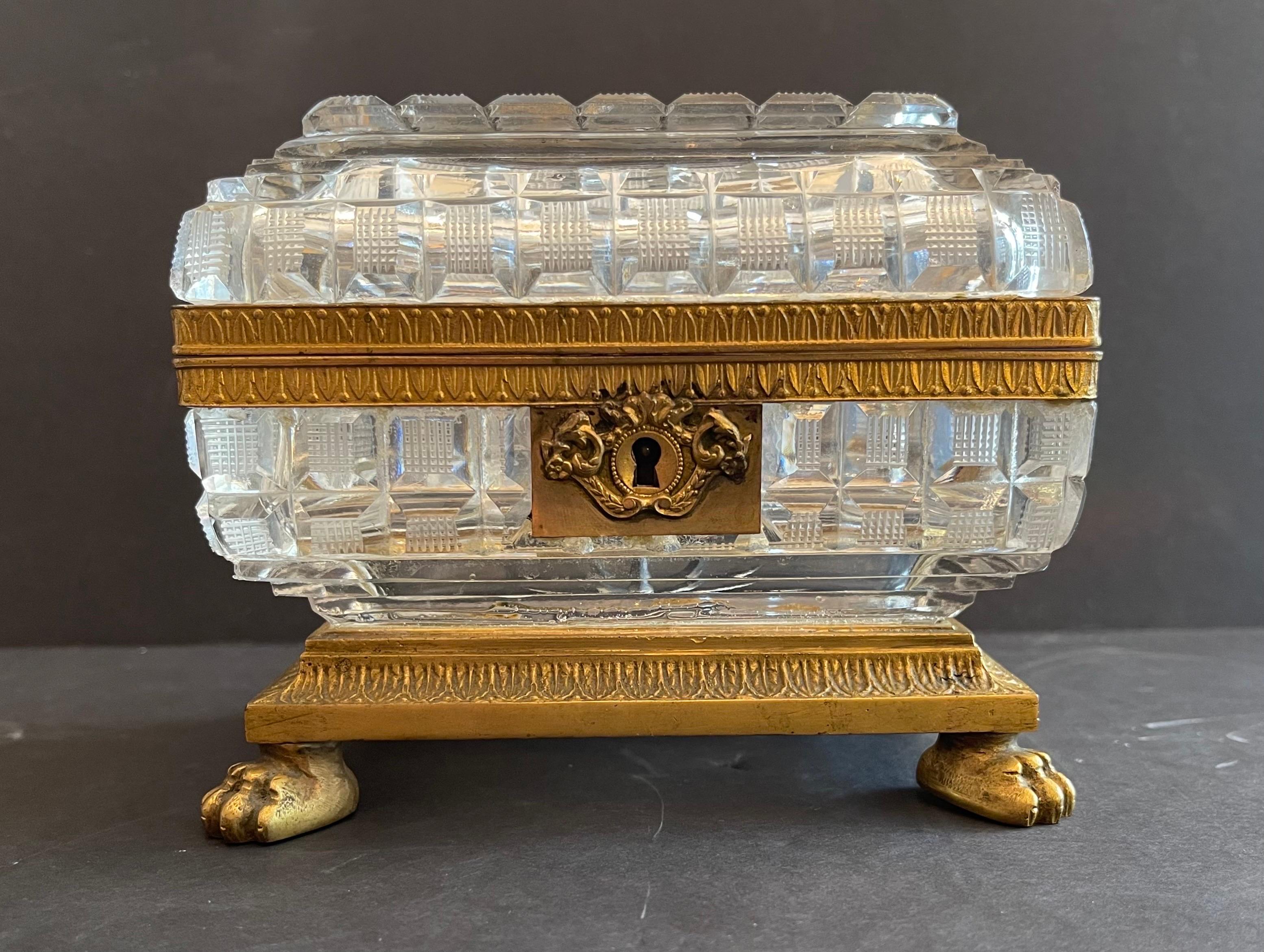 A Very Fine French Empire / Neoclassical Style Bronze Ormolu Mounted & Faceted Cut Crystal Jewelry Box / Casket In The Manner Of Baccarat.