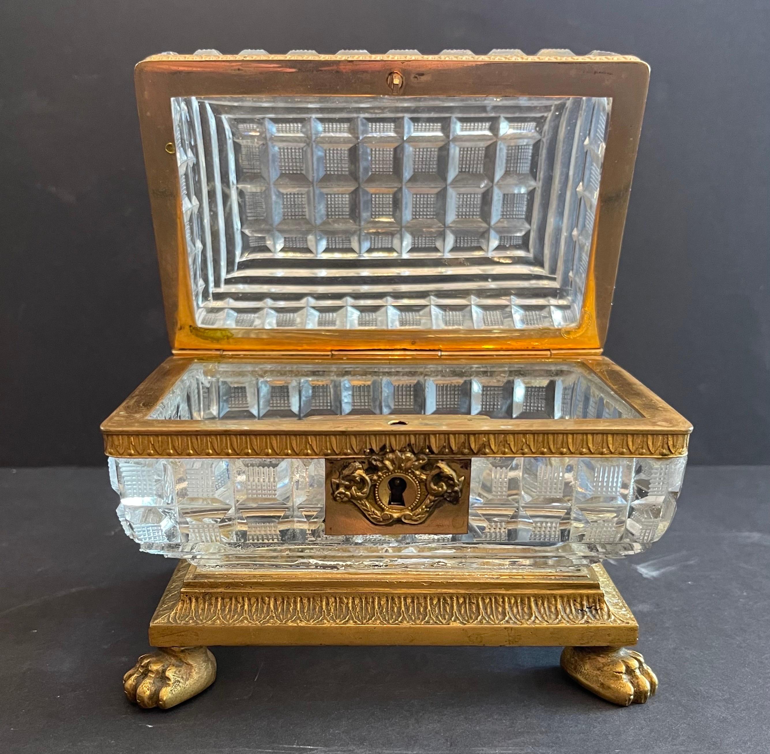 Faceted Fine French Empire Ormolu Mounted Baccarat Cut Crystal Bronze Casket Jewelry Box For Sale