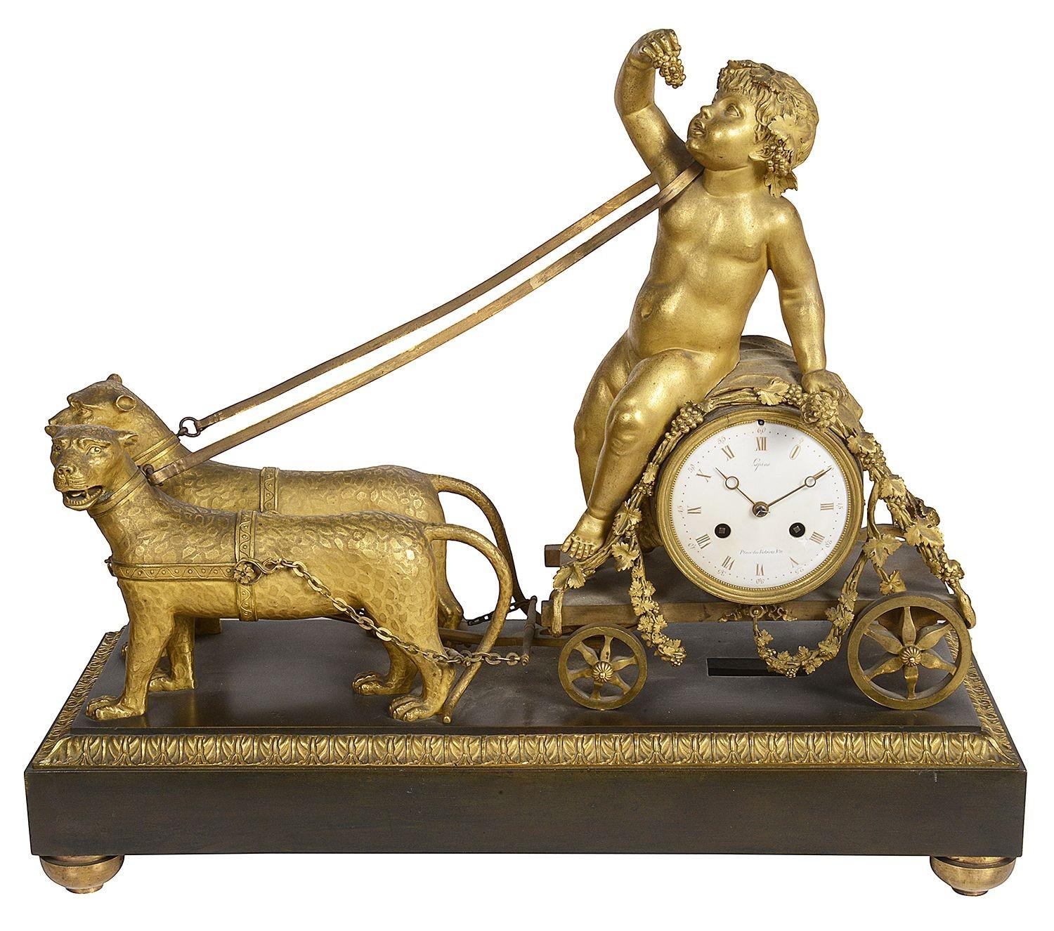 A wonderfully impressive and enchanting French Empire period mantel clock by Jean-Antoine Lépine (1720-1814), clockmaker to both King Louis XV and Louis XVI 
Depicting a pair of Leopards pulling a putti eating grapes seated on a barrel draped in