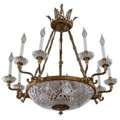 Fine French Empire Style Brass 
Cut Crystal 13 Light Chandelier