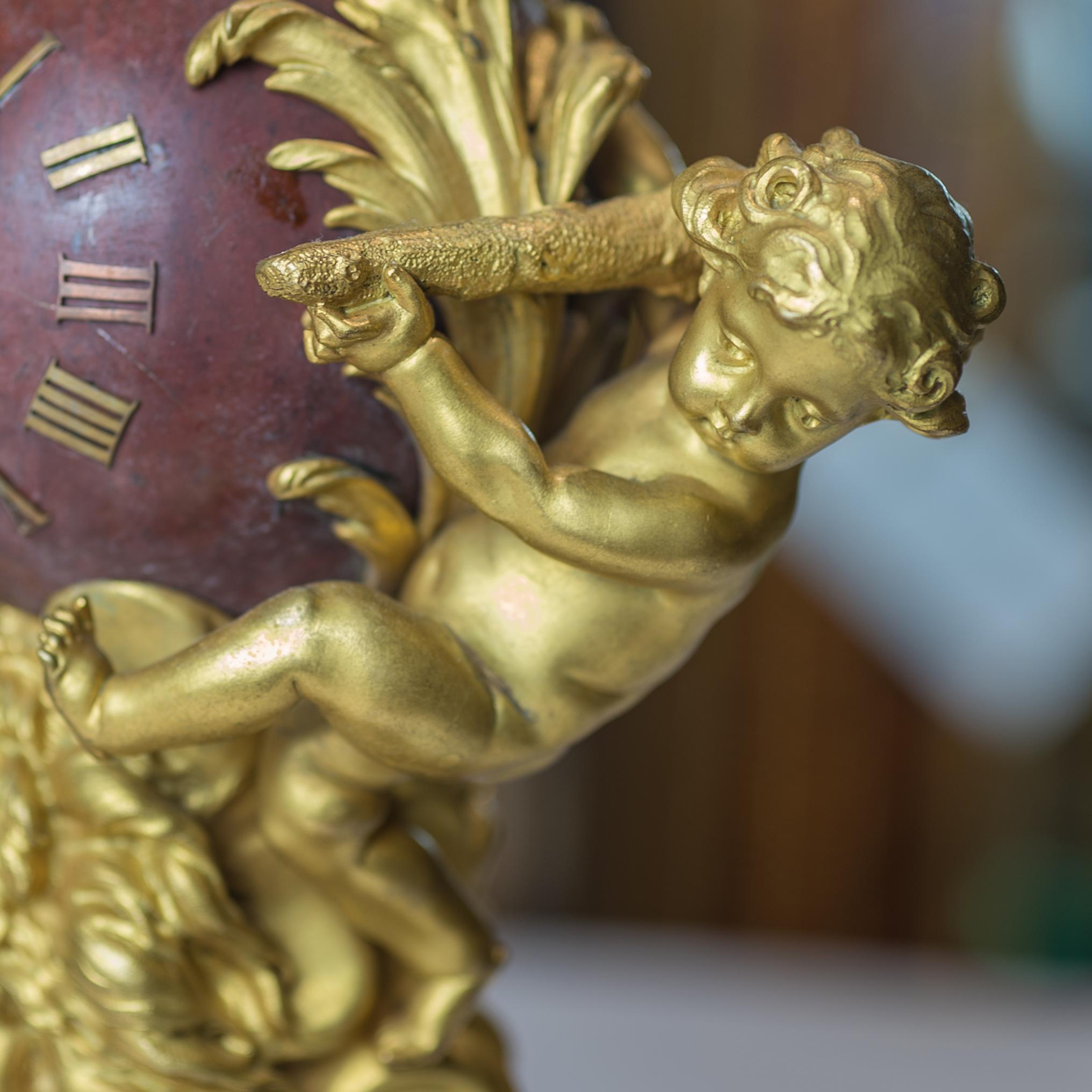 Fine French Gilt-Bronze and Rouge Griotte De Campan Table Clock by Léon Messagé In Good Condition For Sale In New York, NY