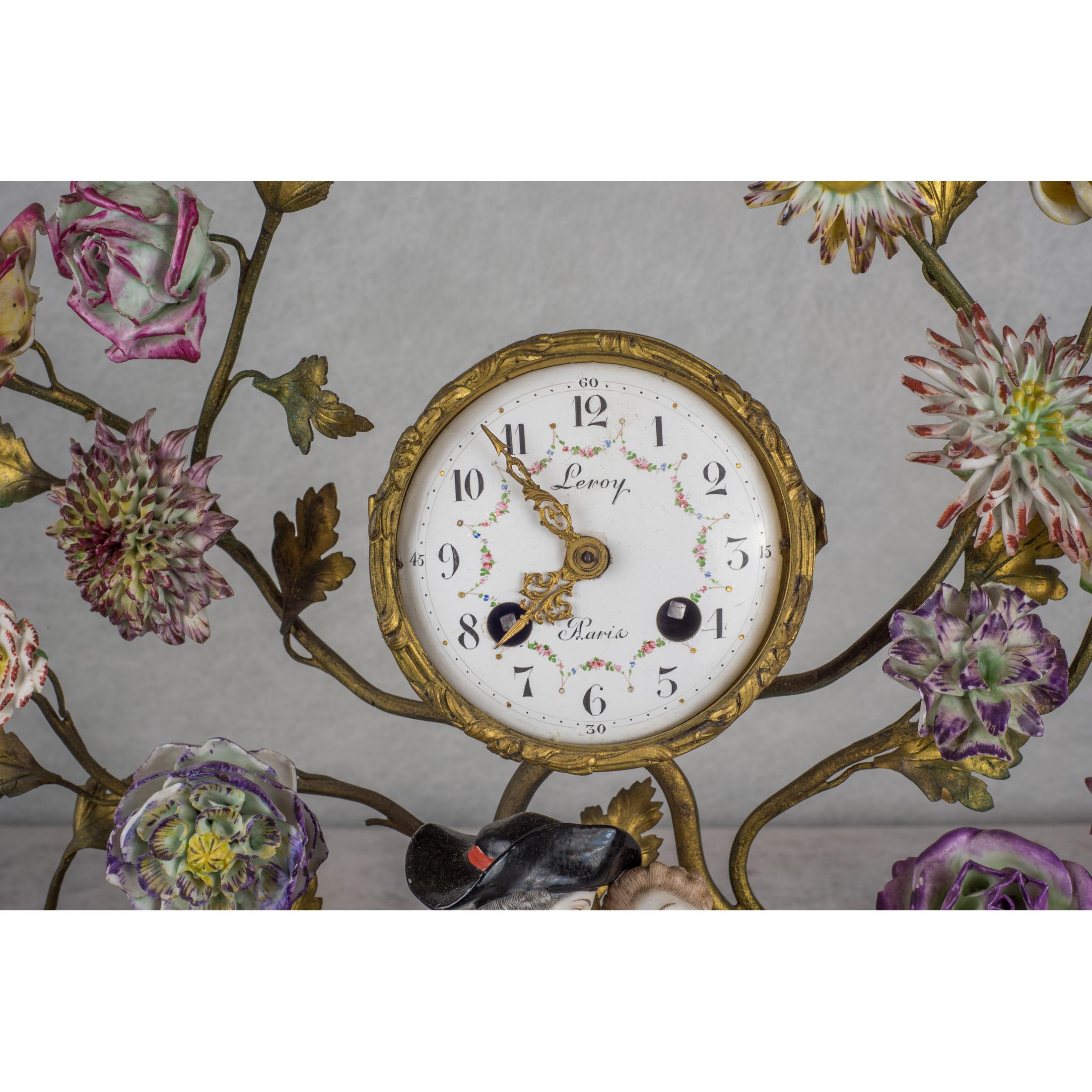 Fine French Gilt-Bronze Clockset with Porcelain Figures In Good Condition For Sale In New York, NY