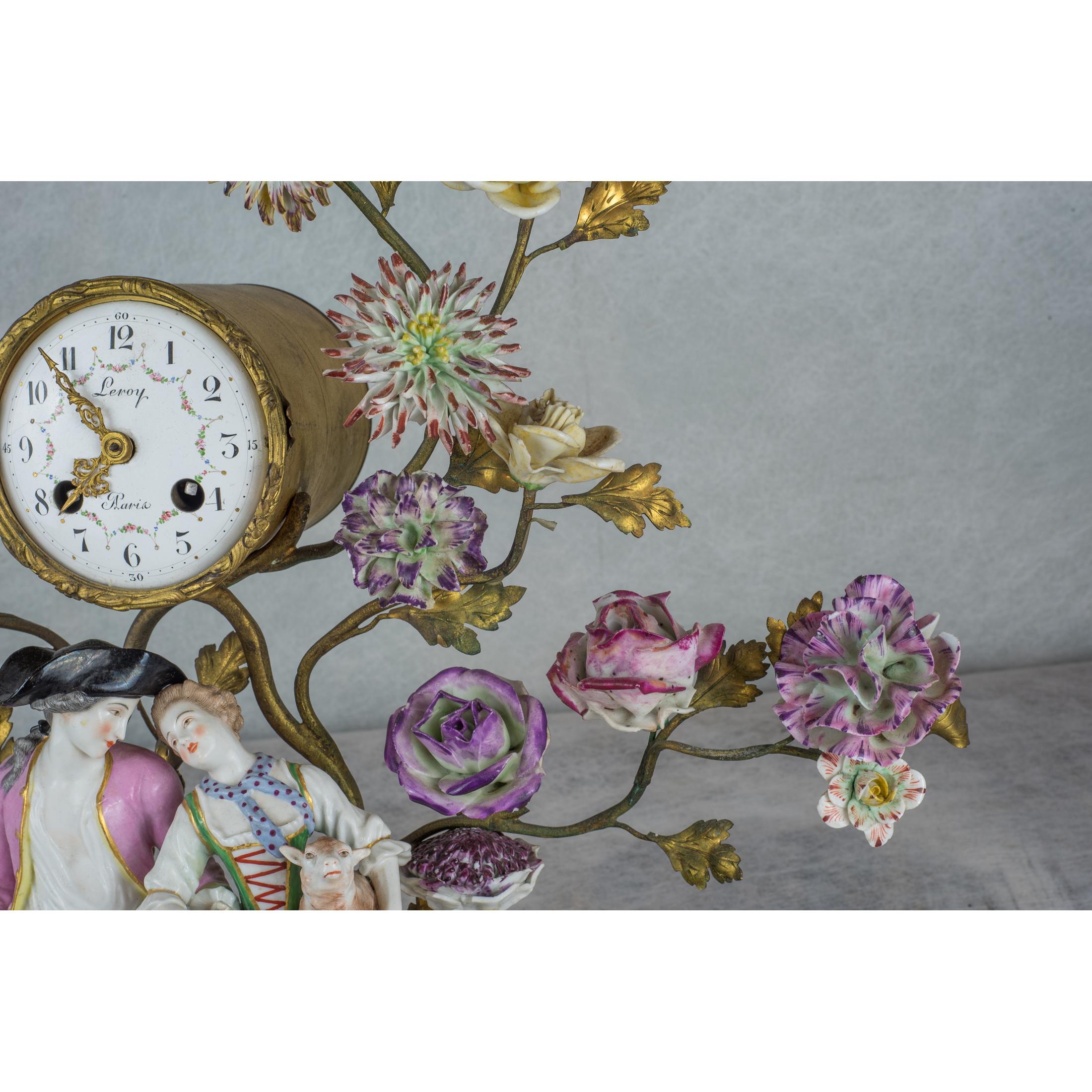 Fine French Gilt-Bronze Clockset with Porcelain Figures For Sale 3