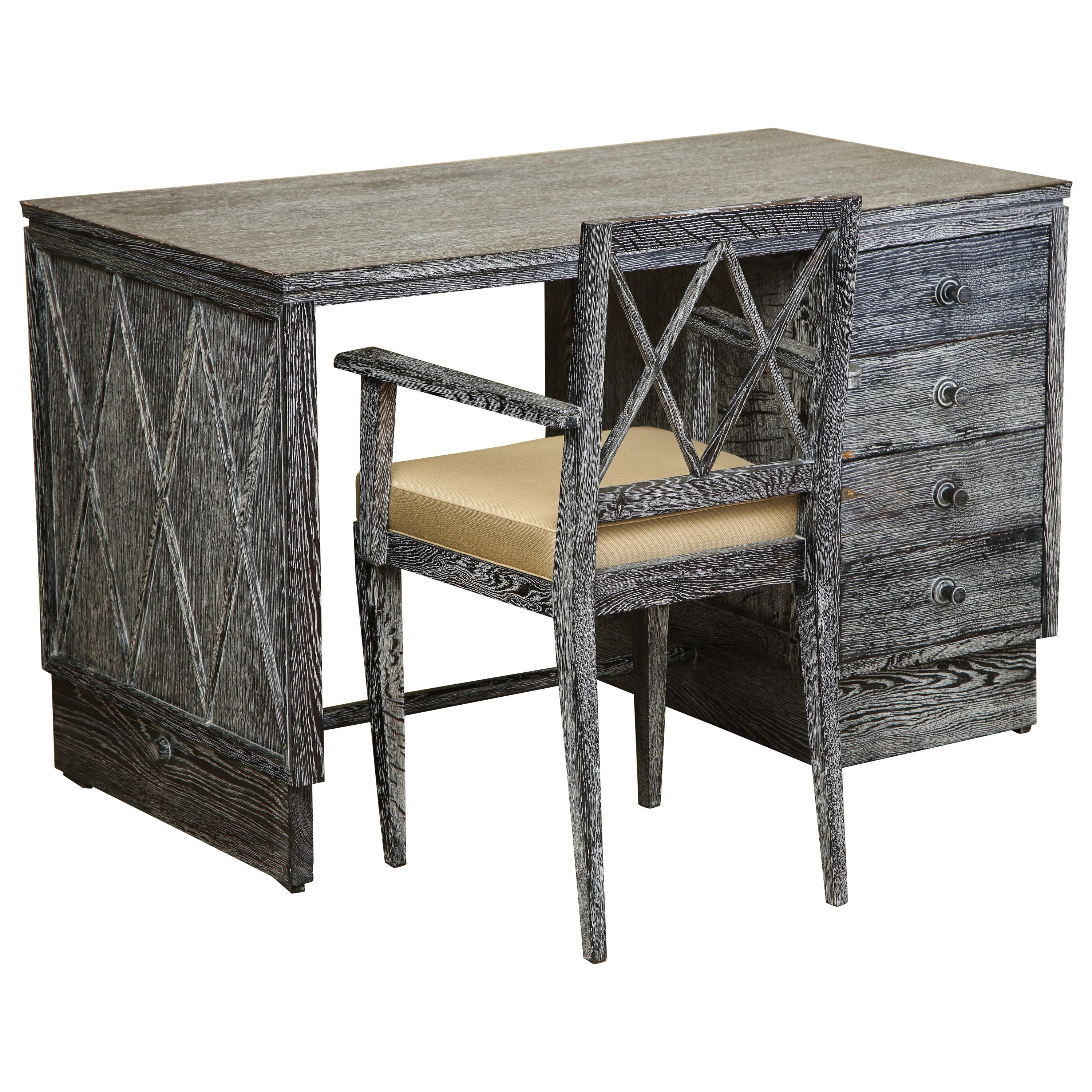 Fine French Gray Cerused Oak Desk and Chair Set from a Maine Estate