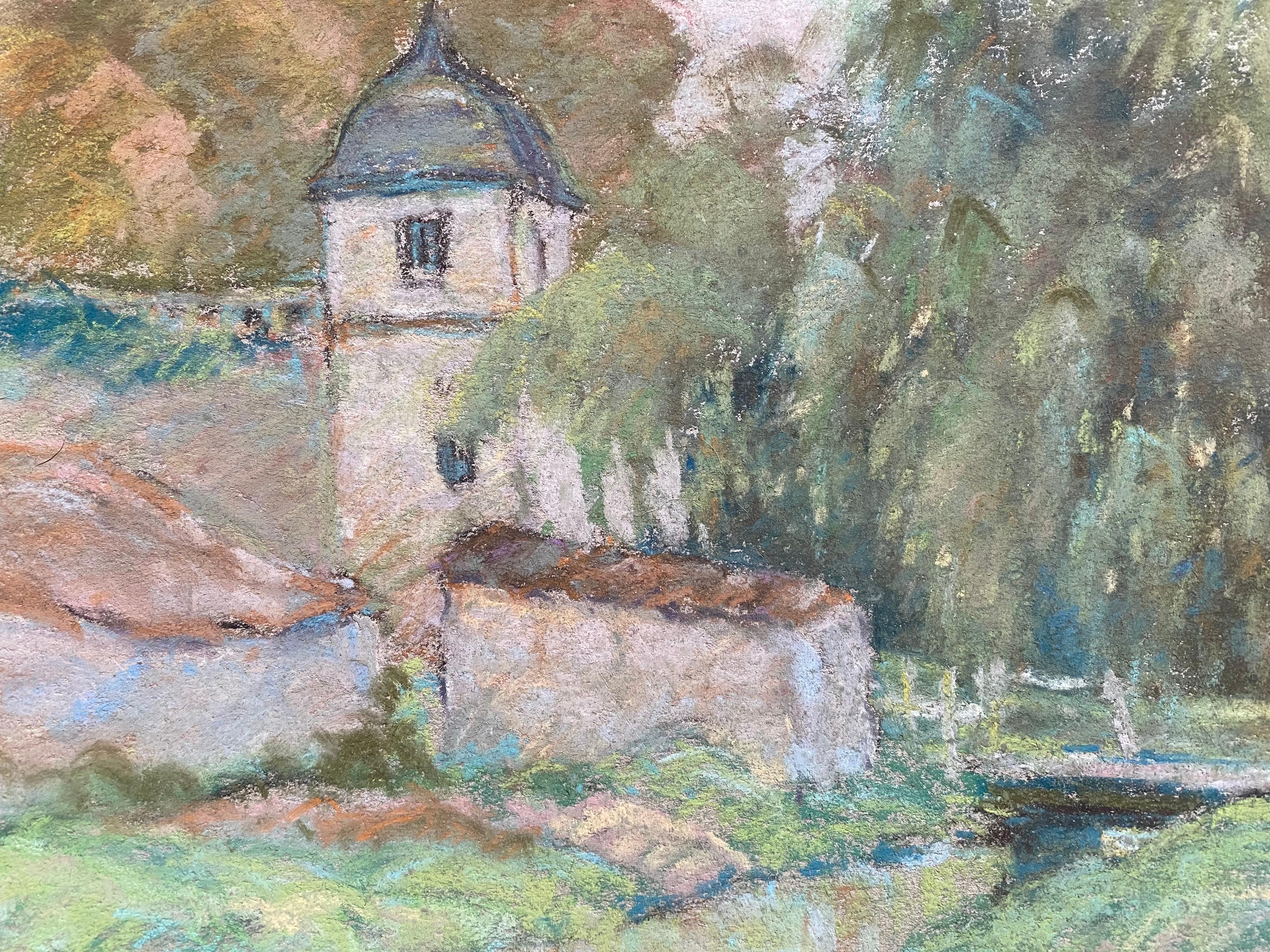 Fine French Impressionist Pastel, Countryside Village Lane River and Trees In Good Condition For Sale In Cirencester, GB
