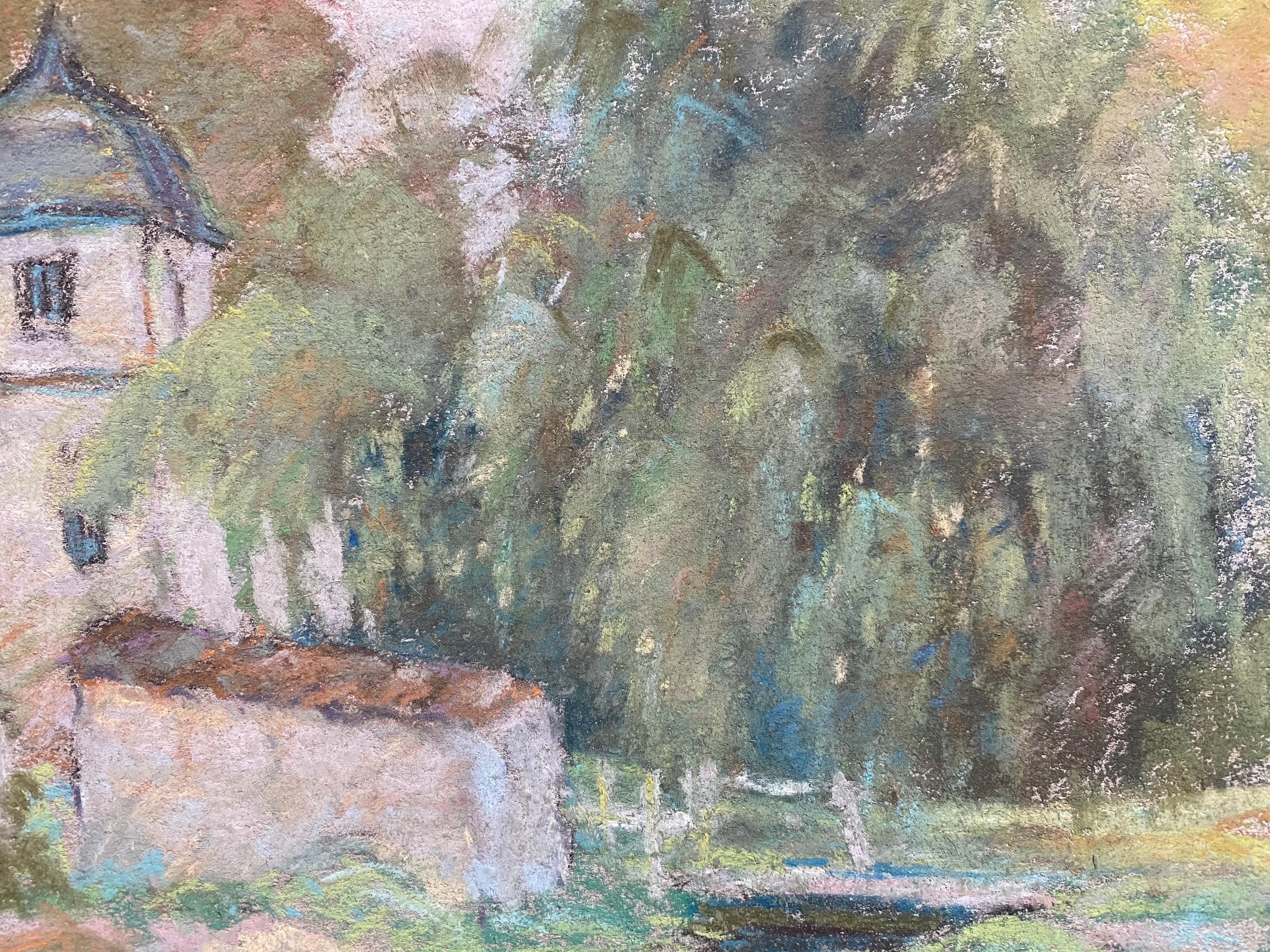 20th Century Fine French Impressionist Pastel, Countryside Village Lane River and Trees For Sale