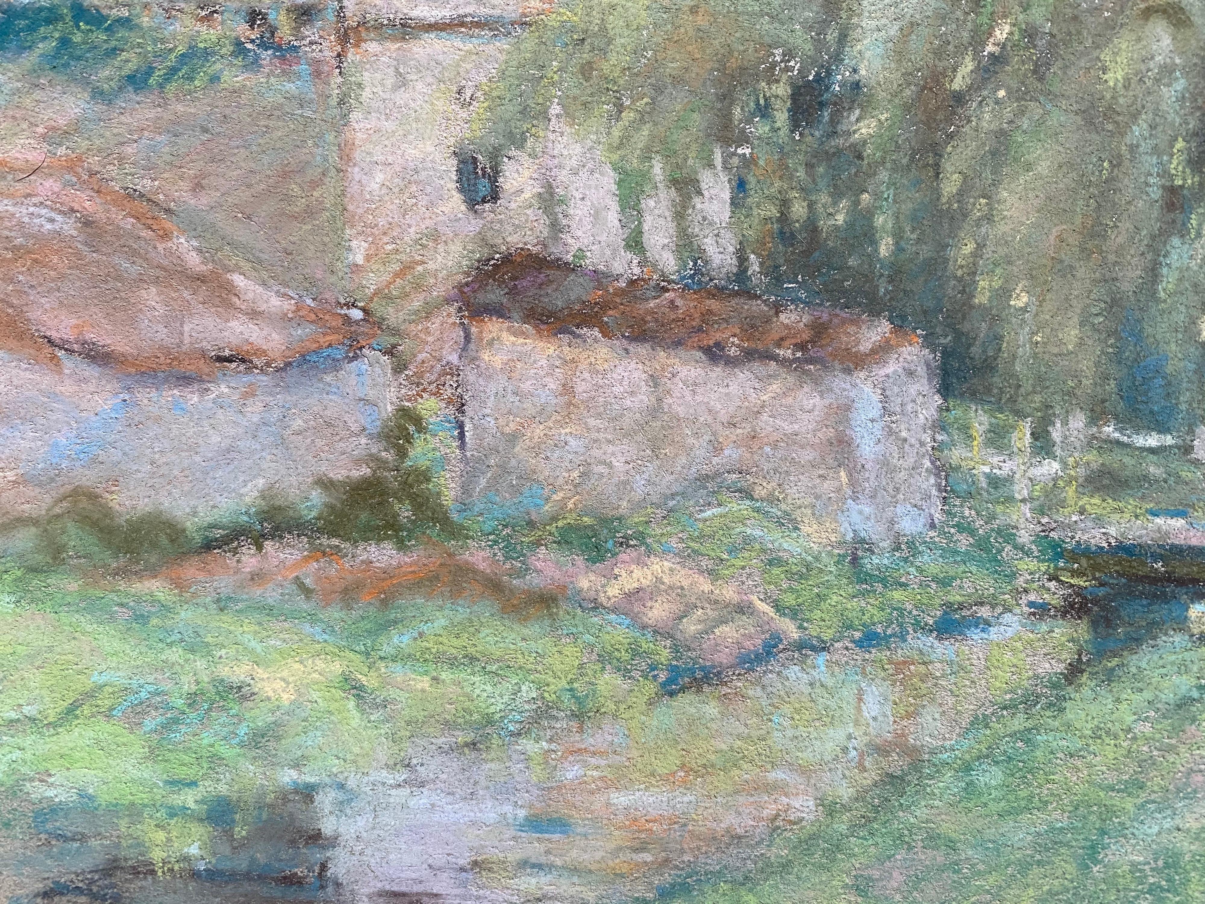 Fine French Impressionist Pastel, Countryside Village Lane River and Trees For Sale 1