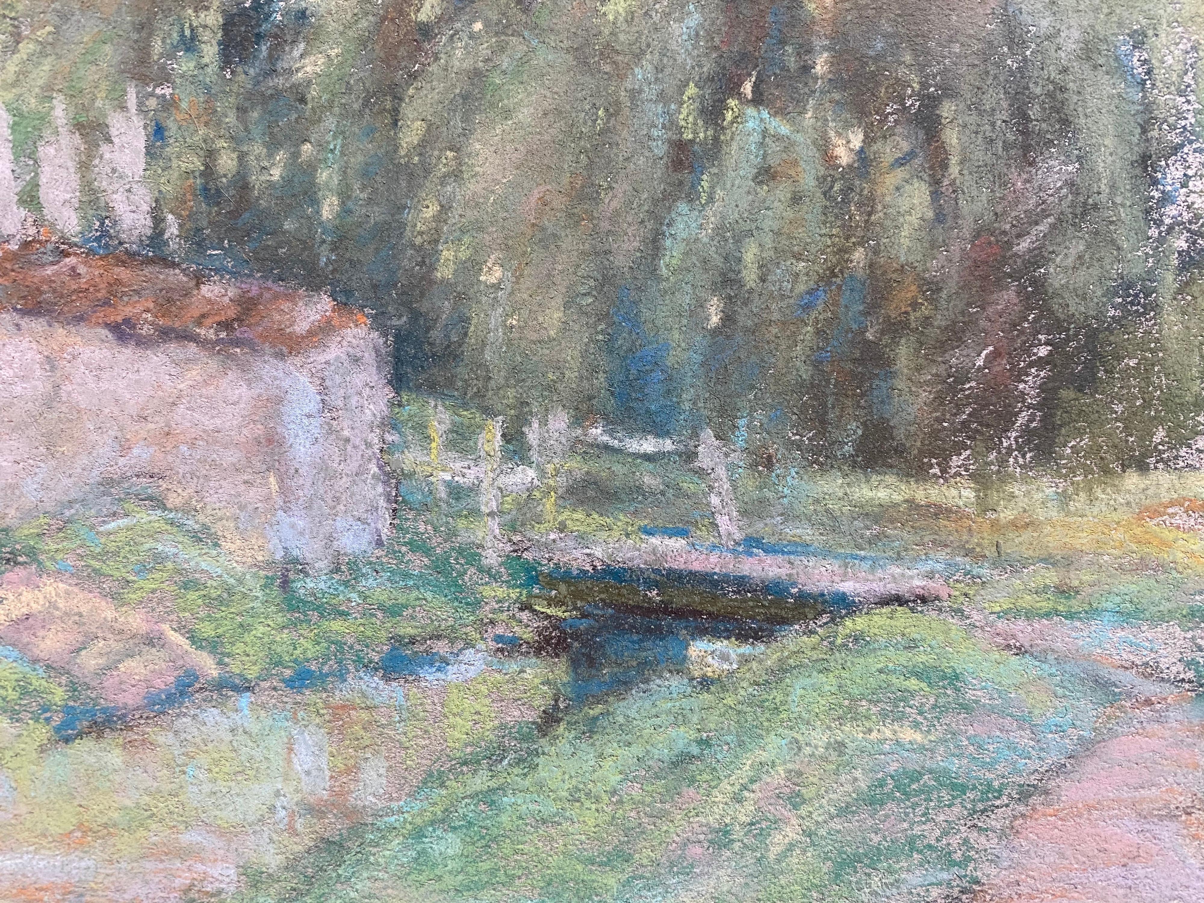 Fine French Impressionist Pastel, Countryside Village Lane River and Trees For Sale 2