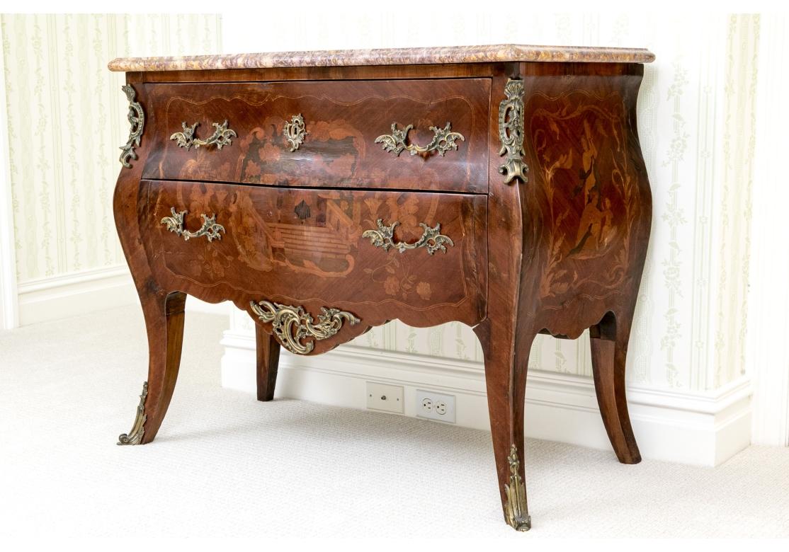 Fine cassapanca francese intarsiata Bombé con montature in bronzo e piano in pietra colorata in vendita 11