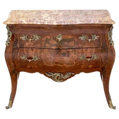 Fine French Inlaid Bombé Chest With Bronze Mounts And Colorful Stone Top