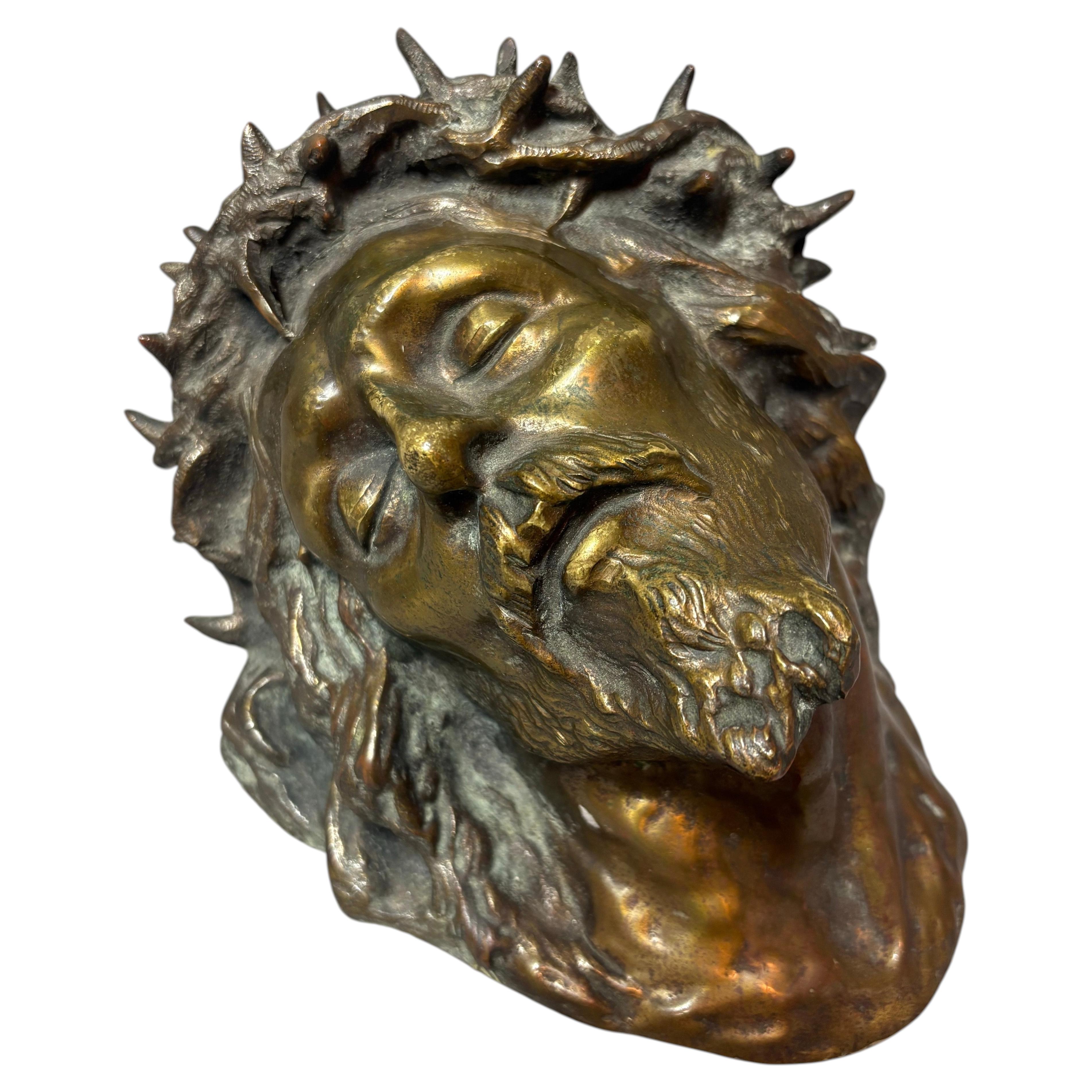 Fine French Late 19th Century Cast Bronze Head of Christ with Crown of Thorns