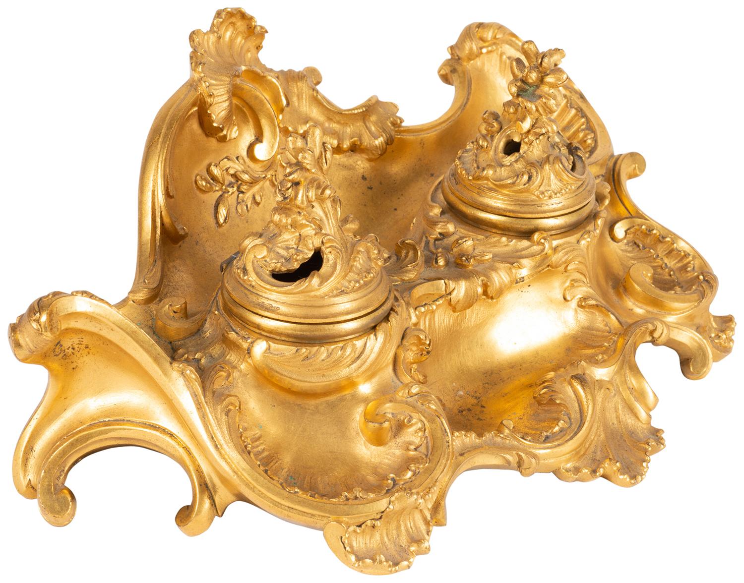 Gilt Fine French Late 19th Century Gilded Ormolu Rococo Style Inkwell by Millet For Sale