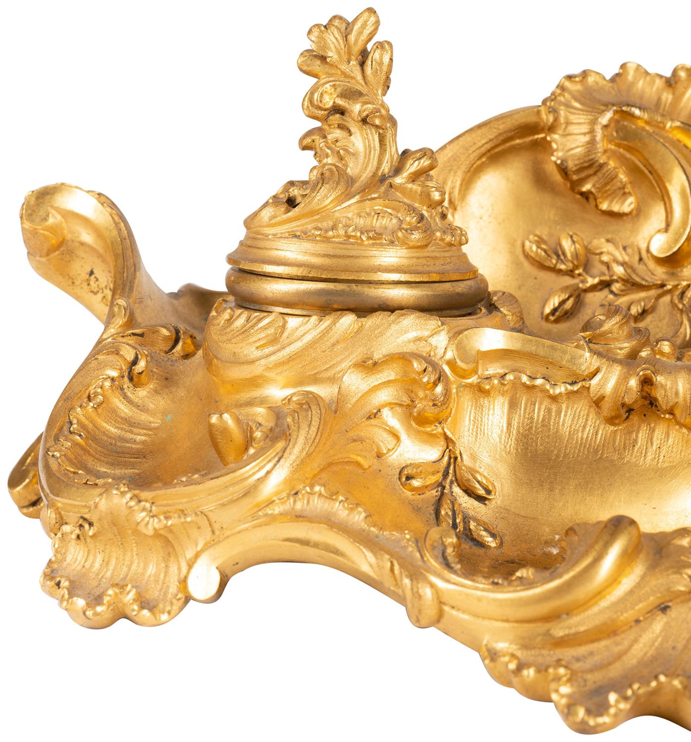 Fine French Late 19th Century Gilded Ormolu Rococo Style Inkwell by Millet For Sale 1