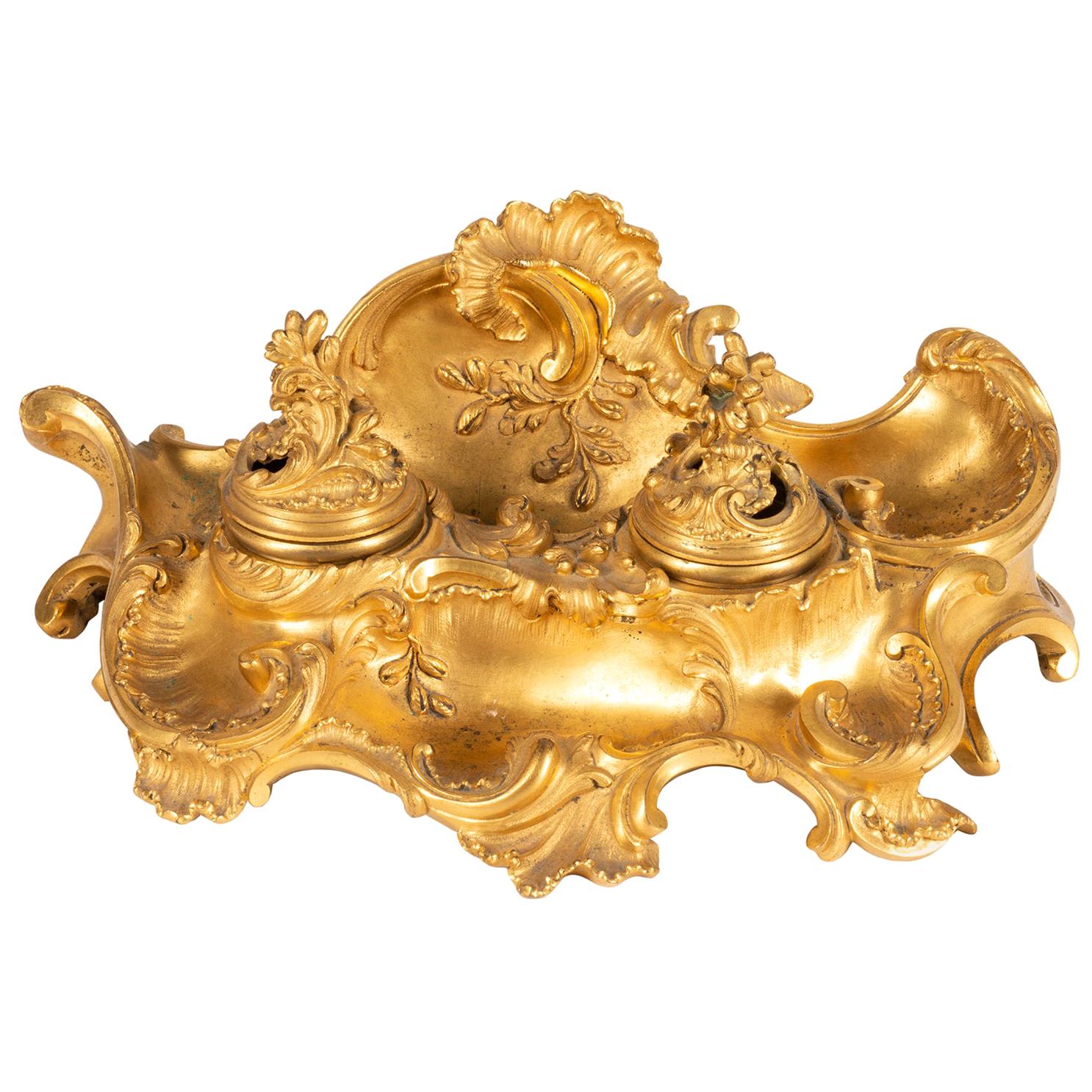 Fine French Late 19th Century Gilded Ormolu Rococo Style Inkwell by Millet