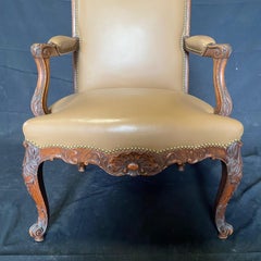 Fine French Leather Louis XV Carved Walnut Armchair