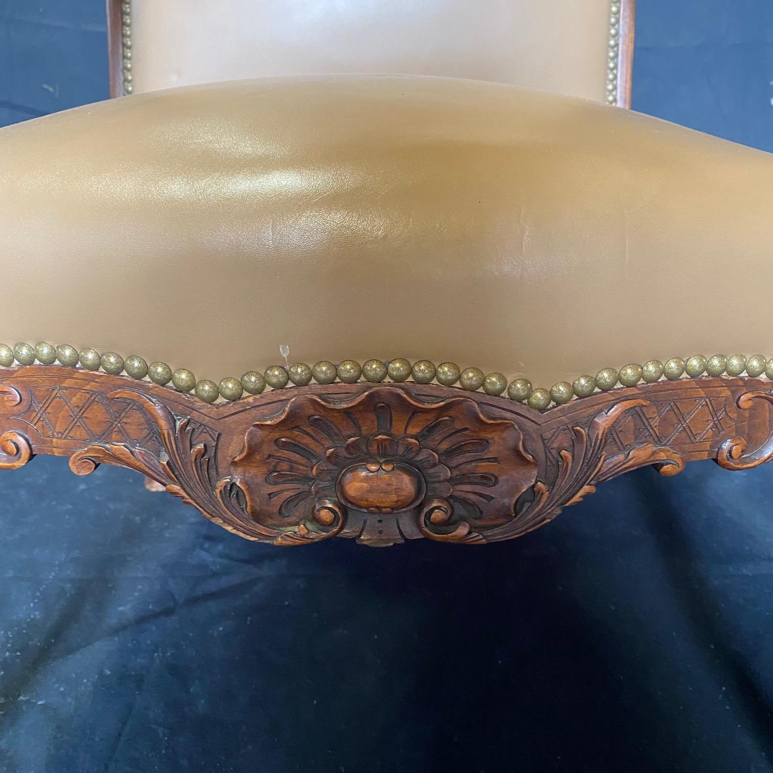 Fine French Leather Louis XV Carved Walnut Armchair In Good Condition For Sale In Hopewell, NJ