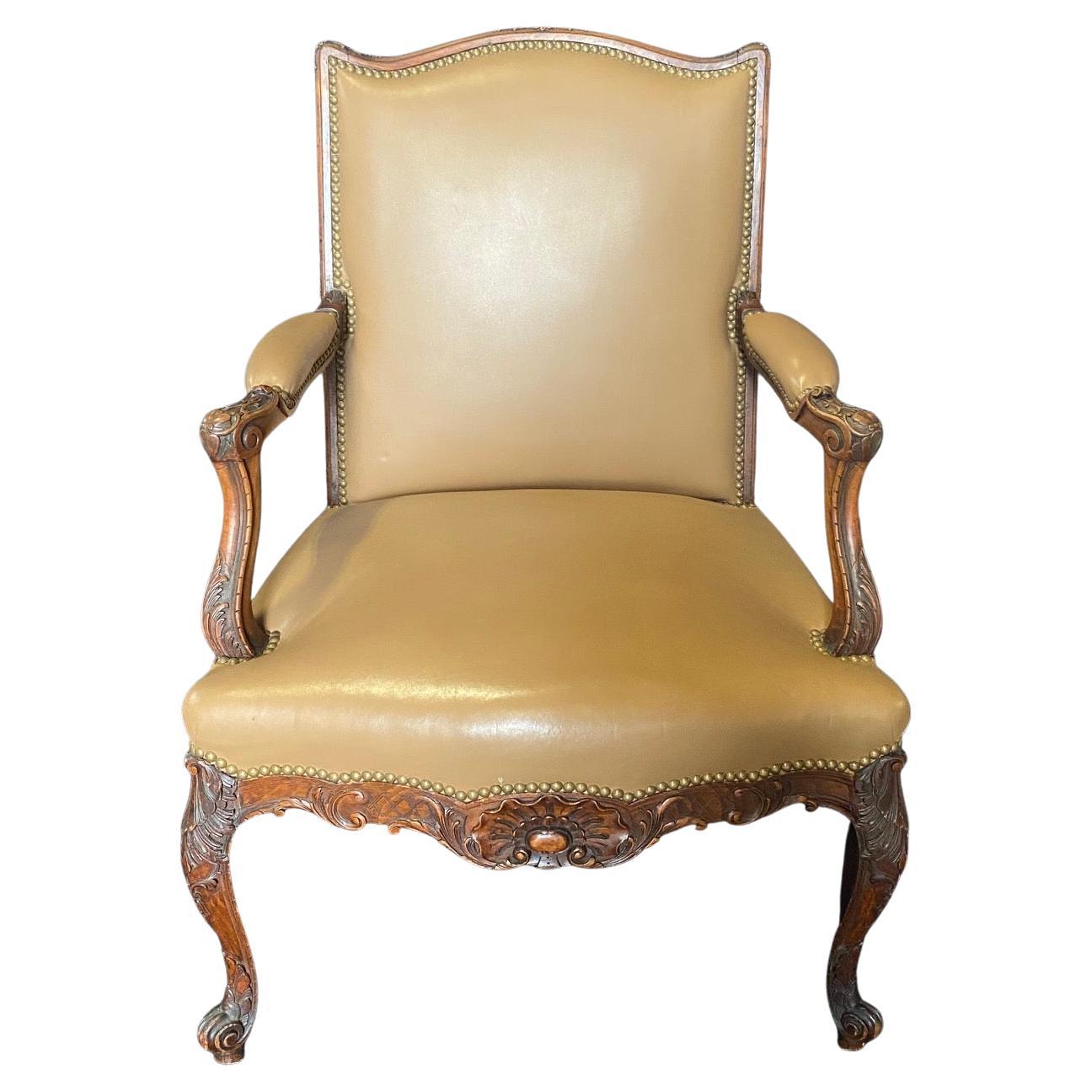 Fine French Leather Louis XV Carved Walnut Armchair For Sale