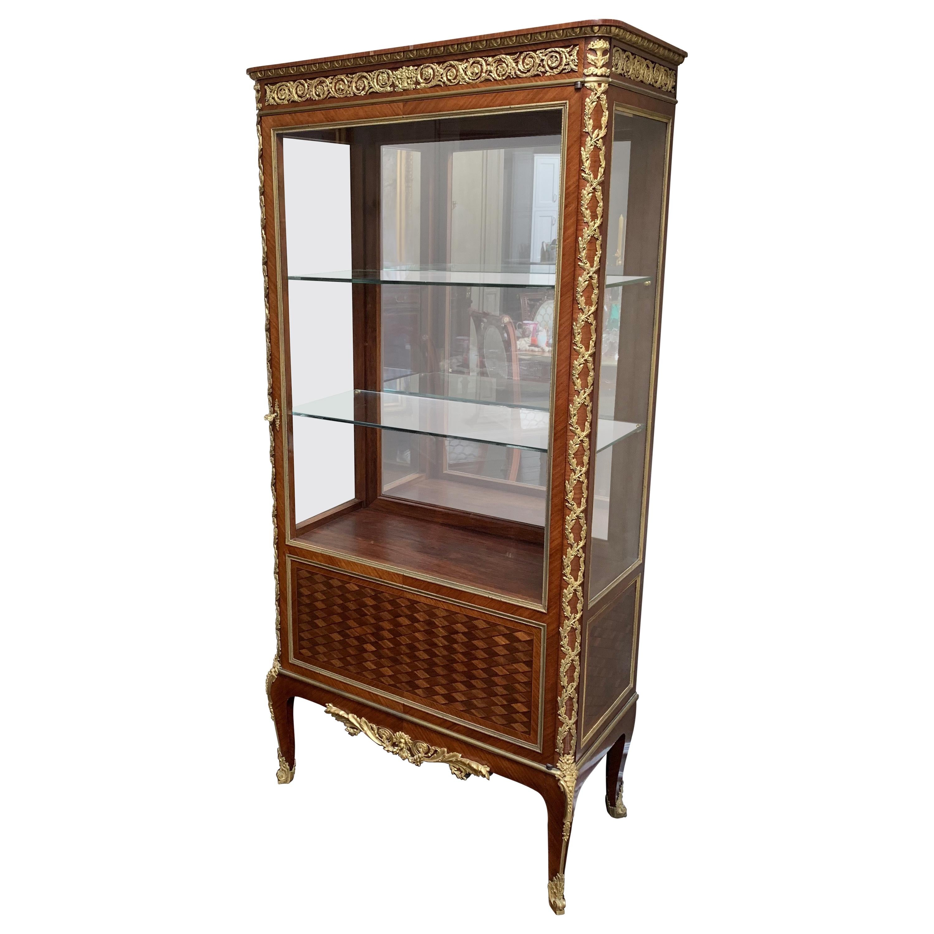 Fine French Louis XV Bronze Ormolu Mounted Vitrine Curio Marquetry Cabinet For Sale