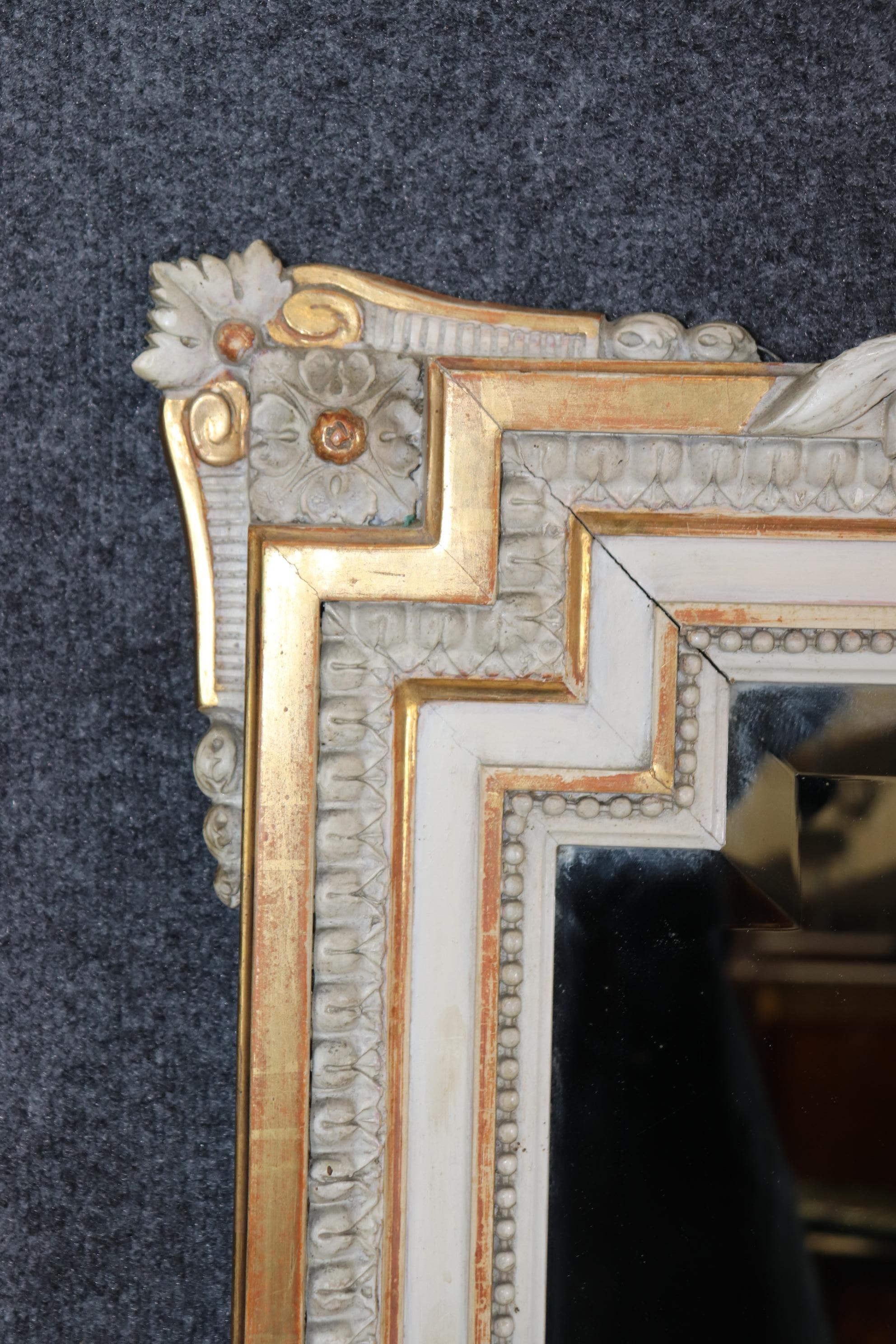 Fine French Louis XV Gray Painted Gilded Beveled Glass Wall Buffet Mantle Mirror In Good Condition For Sale In Swedesboro, NJ