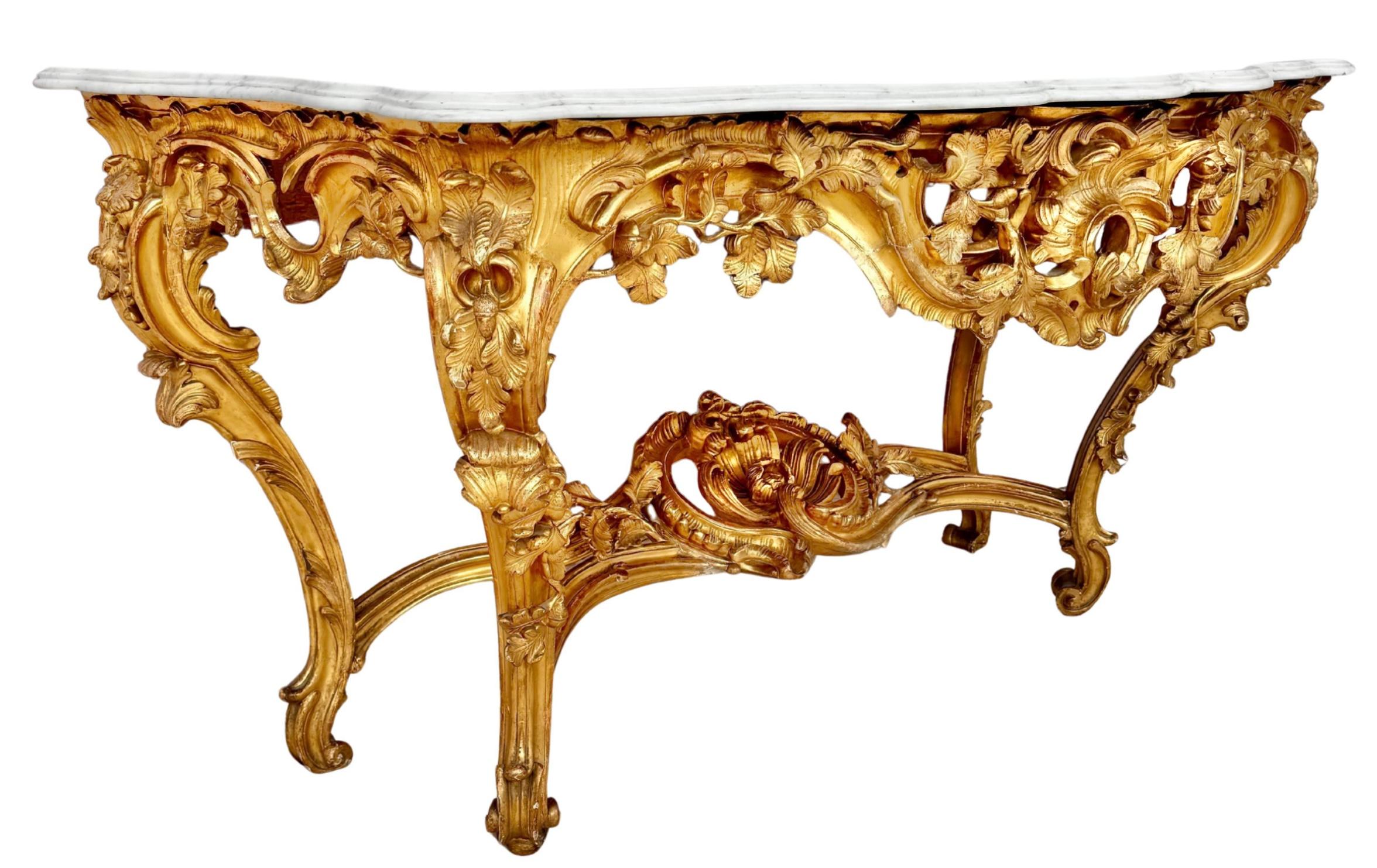 Raffinata console da parete in legno dorato in stile rococò Luigi XV con marmo in vendita 8