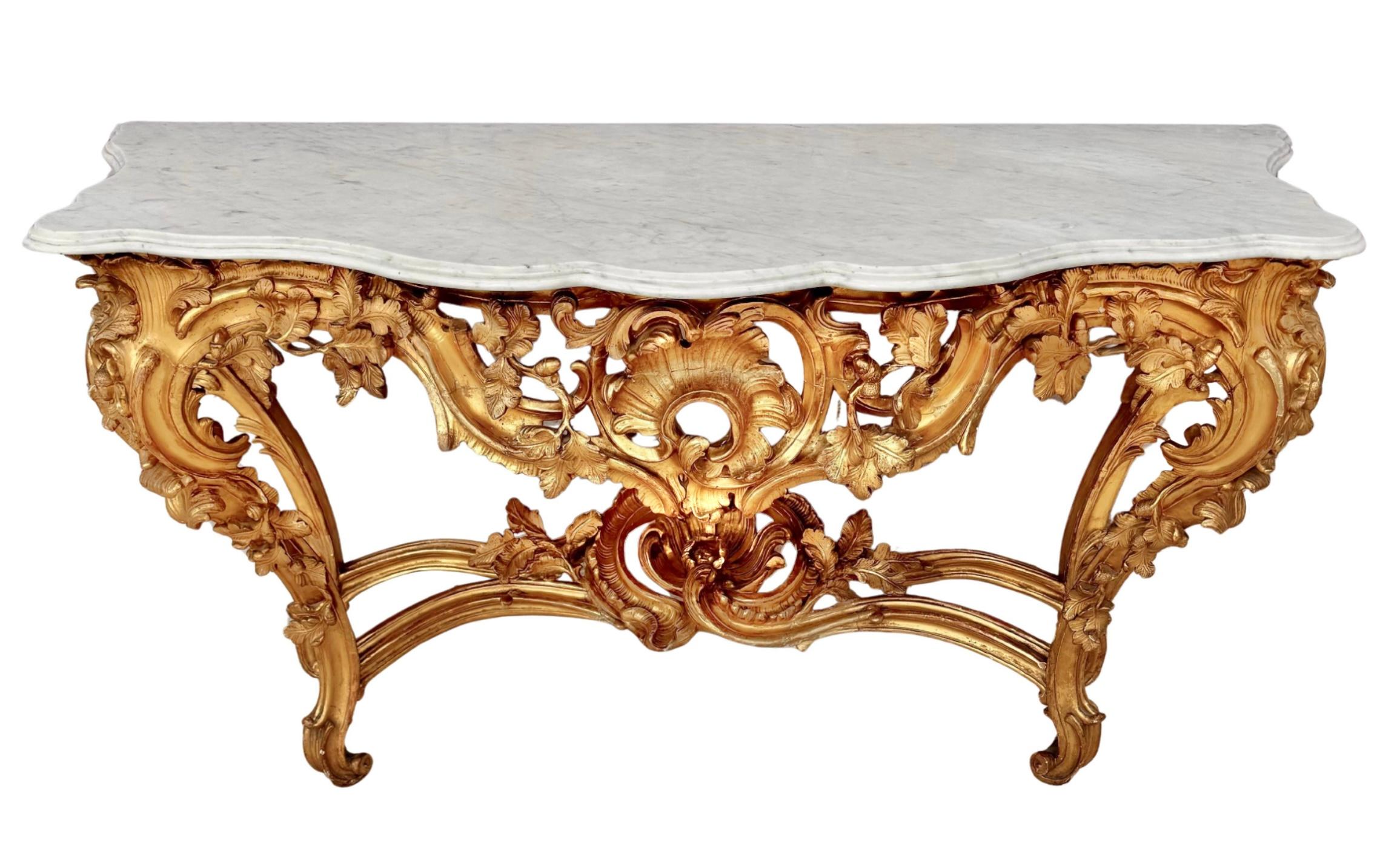 Raffinata console da parete in legno dorato in stile rococò Luigi XV con marmo in vendita 9