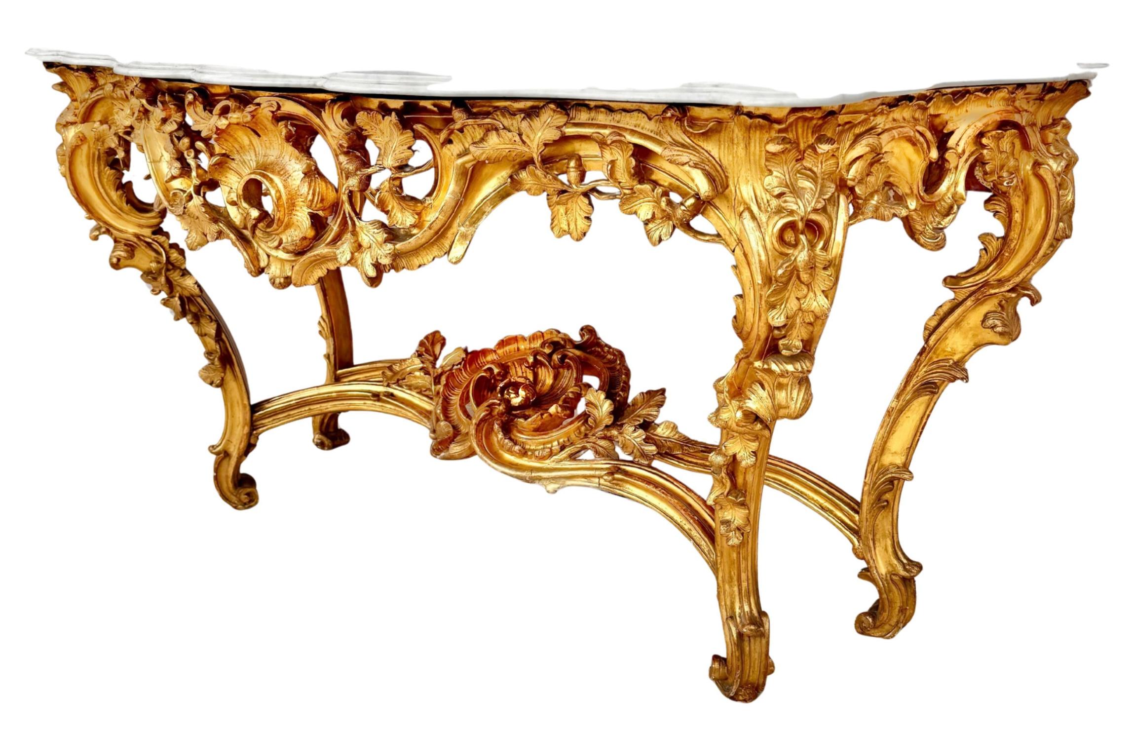 Marmo Raffinata console da parete in legno dorato in stile rococò Luigi XV con marmo in vendita