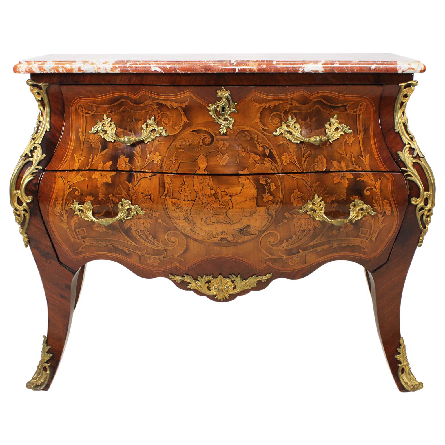 Fine French Louis XV Style Gilt-Bronze & Marquetry Chinoiserie Marquetry Commode