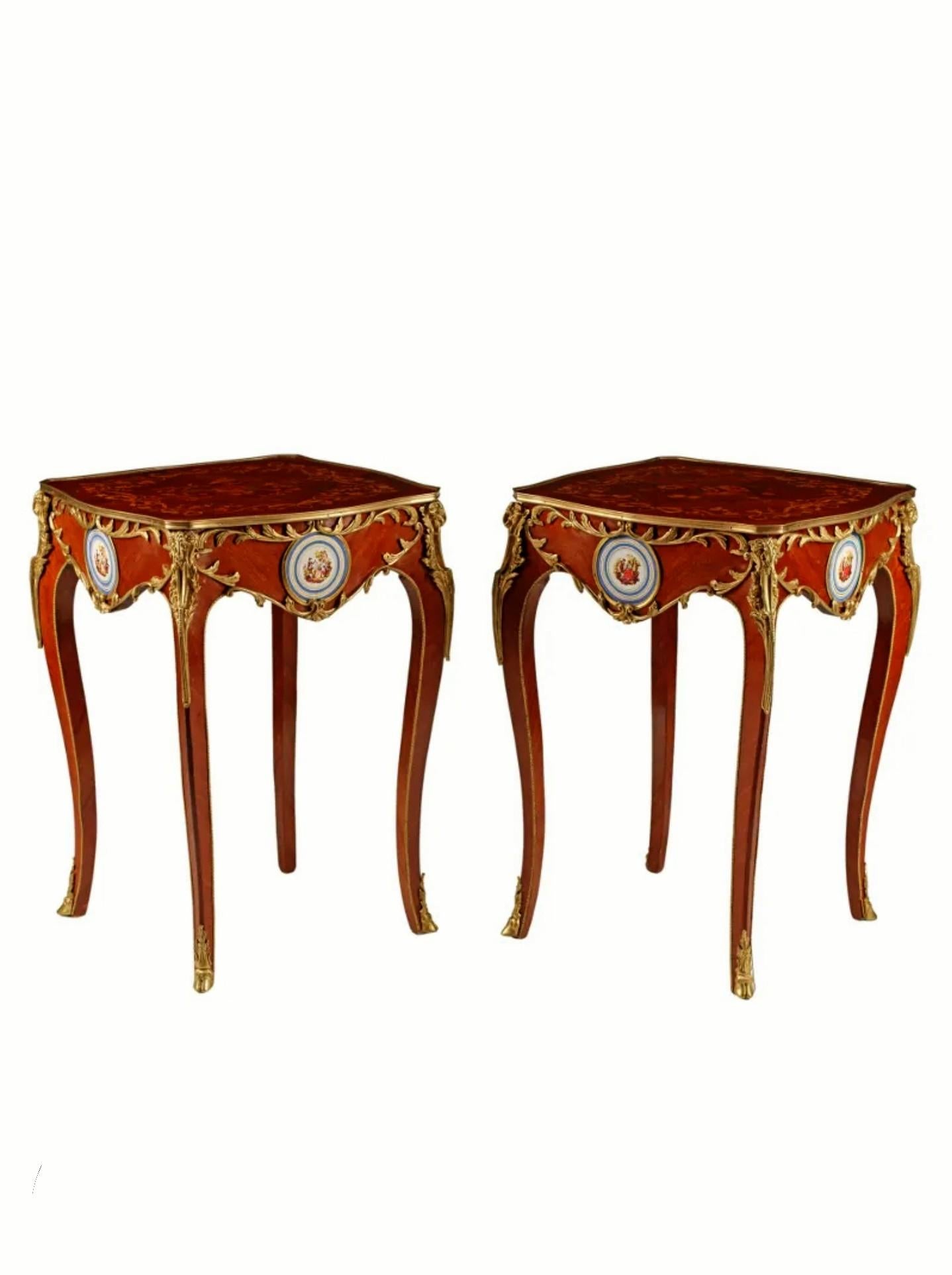 Fine French Louis XV Style Gilt Bronze Porcelain Side Table Pair For Sale 3