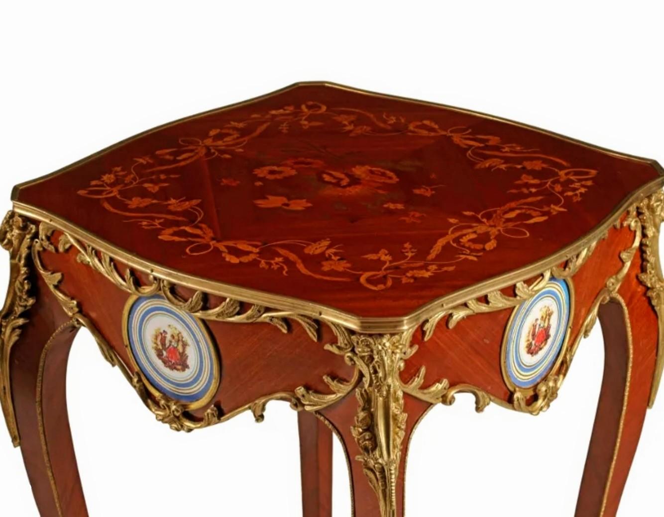 Fine French Louis XV Style Gilt Bronze Porcelain Side Table Pair For Sale 4