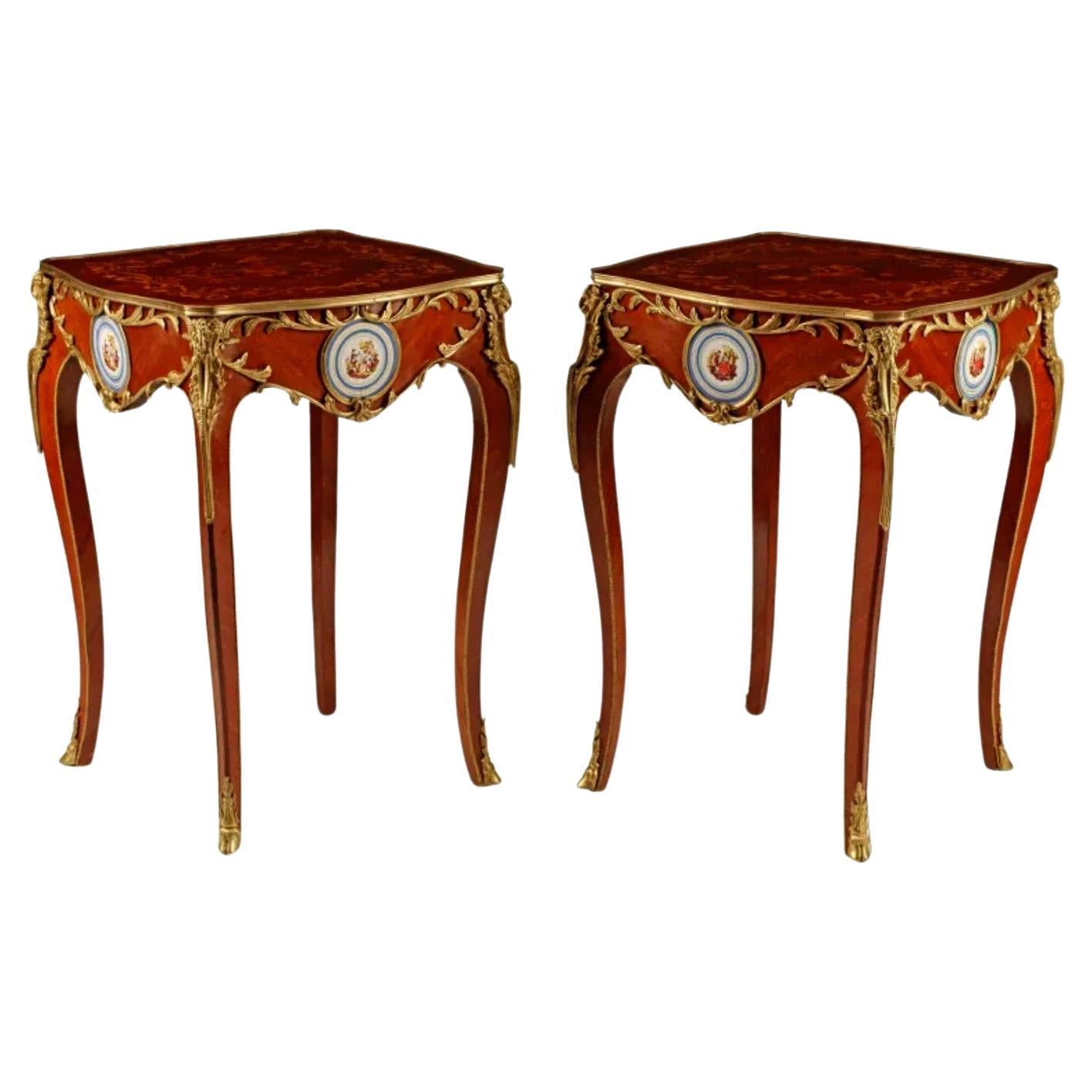 Fine French Louis XV Style Gilt Bronze Porcelain Side Table Pair For Sale