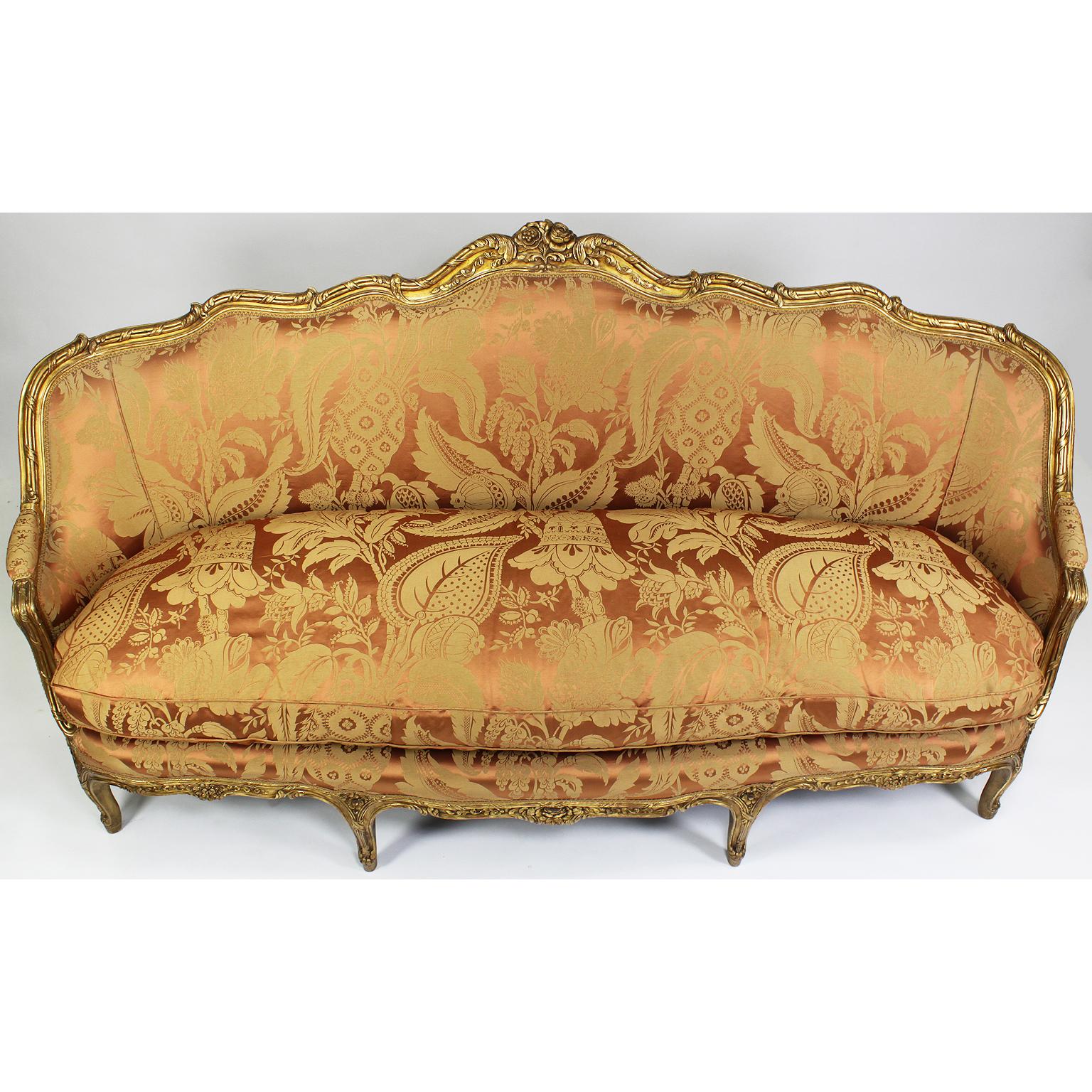 French Fine Louis XV Style Giltwood Carved Bergère Settee, Sofa, Attributed to Jansen