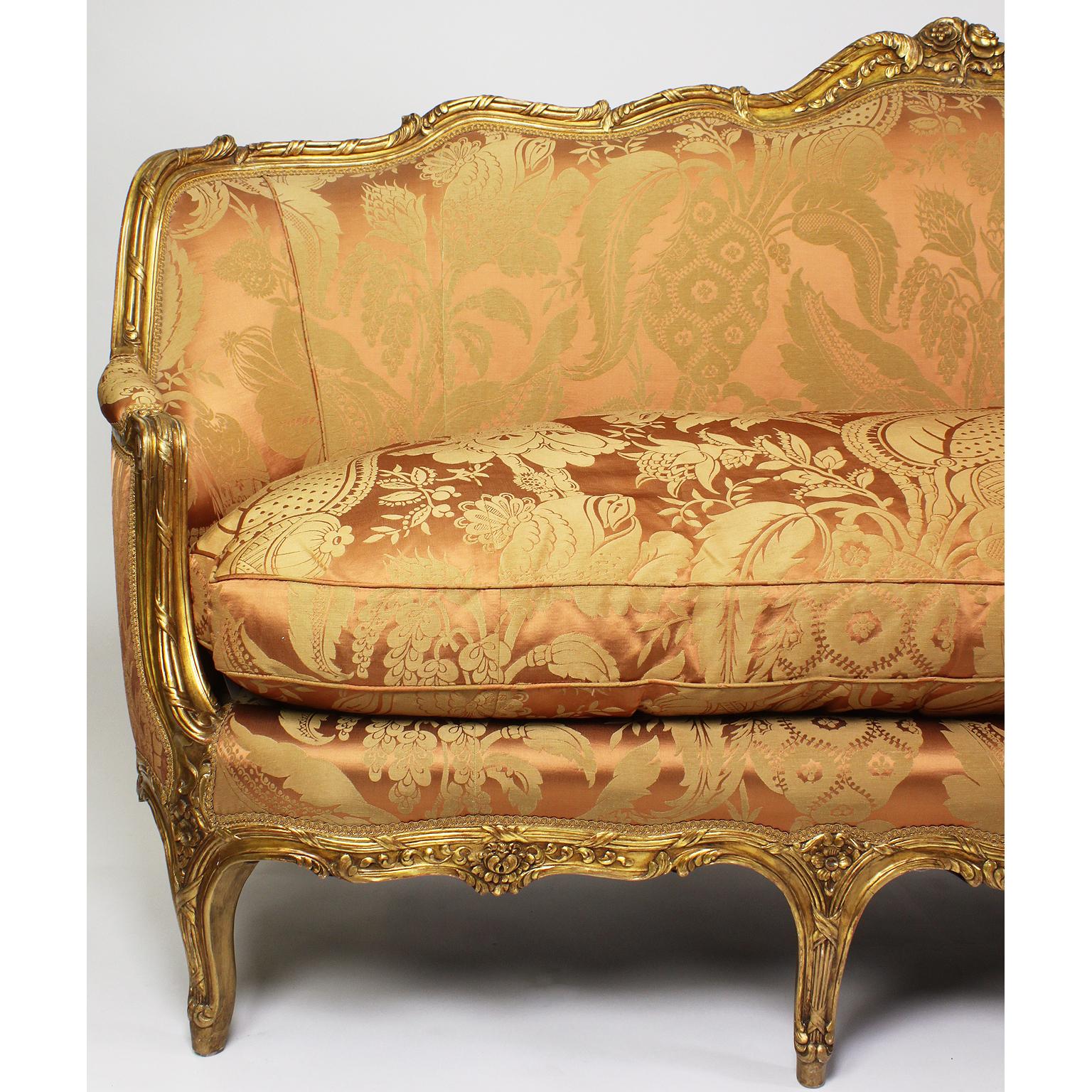 Early 20th Century Fine Louis XV Style Giltwood Carved Bergère Settee, Sofa, Attributed to Jansen