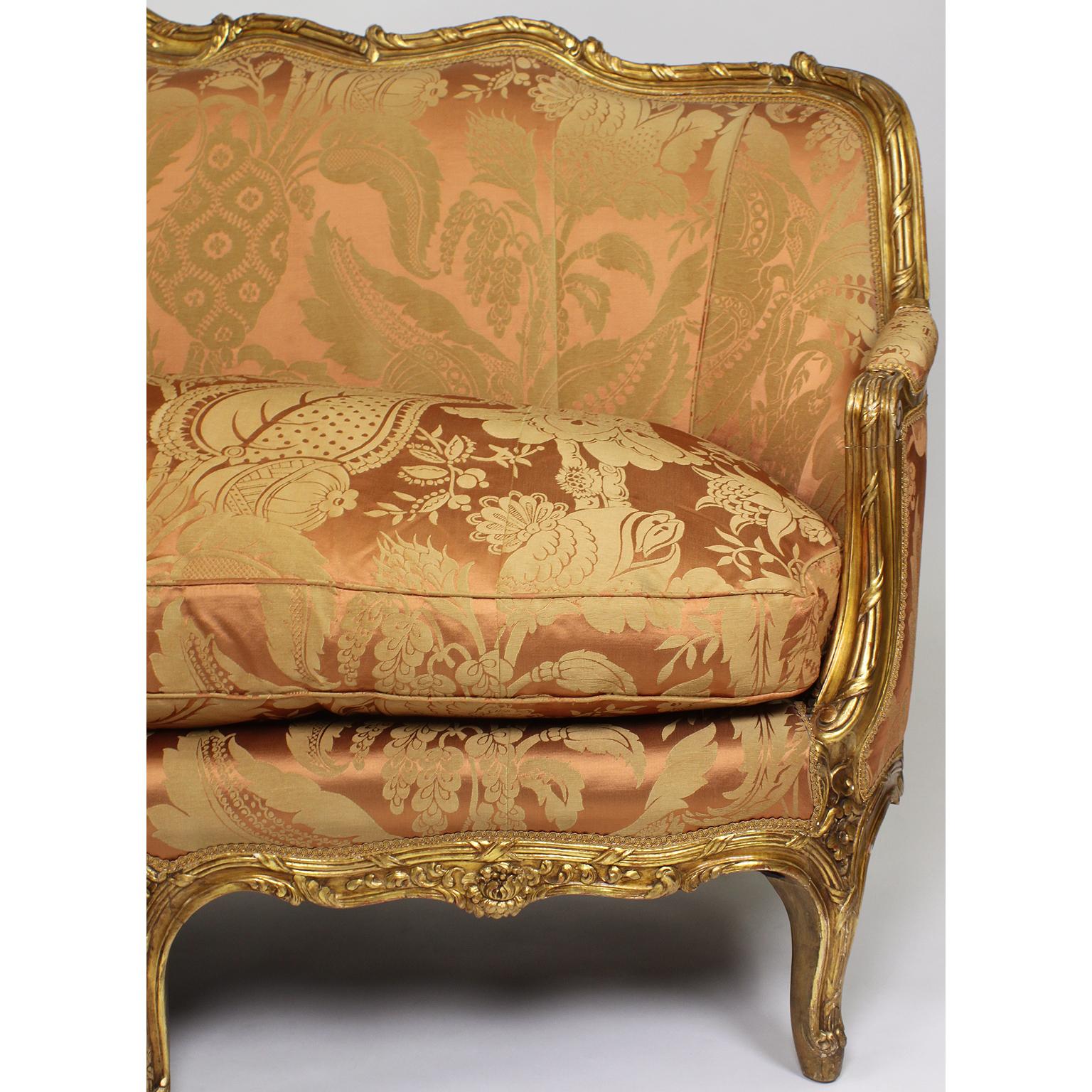 Fine Louis XV Style Giltwood Carved Bergère Settee, Sofa, Attributed to Jansen 1