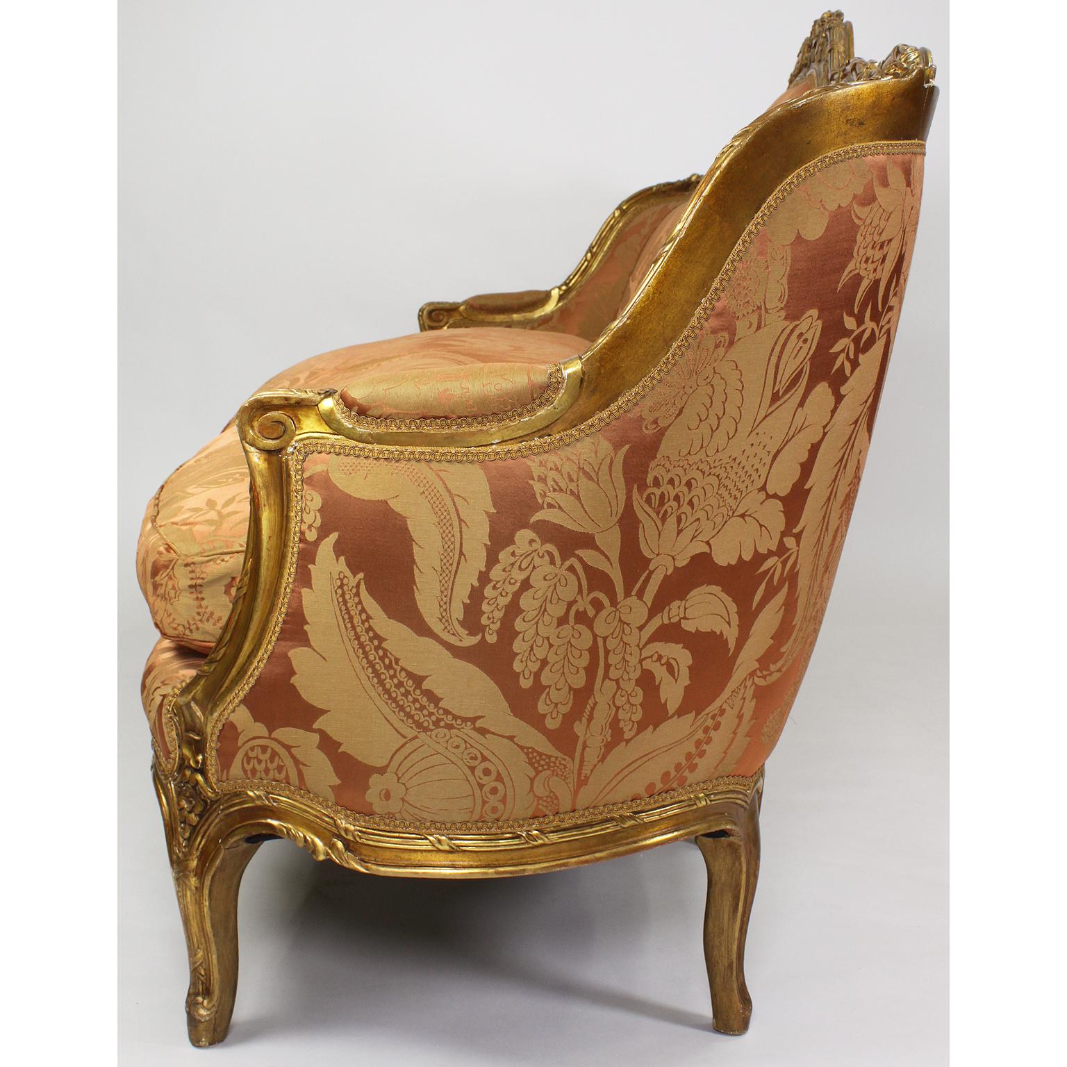 Fine Louis XV Style Giltwood Carved Bergère Settee, Sofa, Attributed to Jansen 3