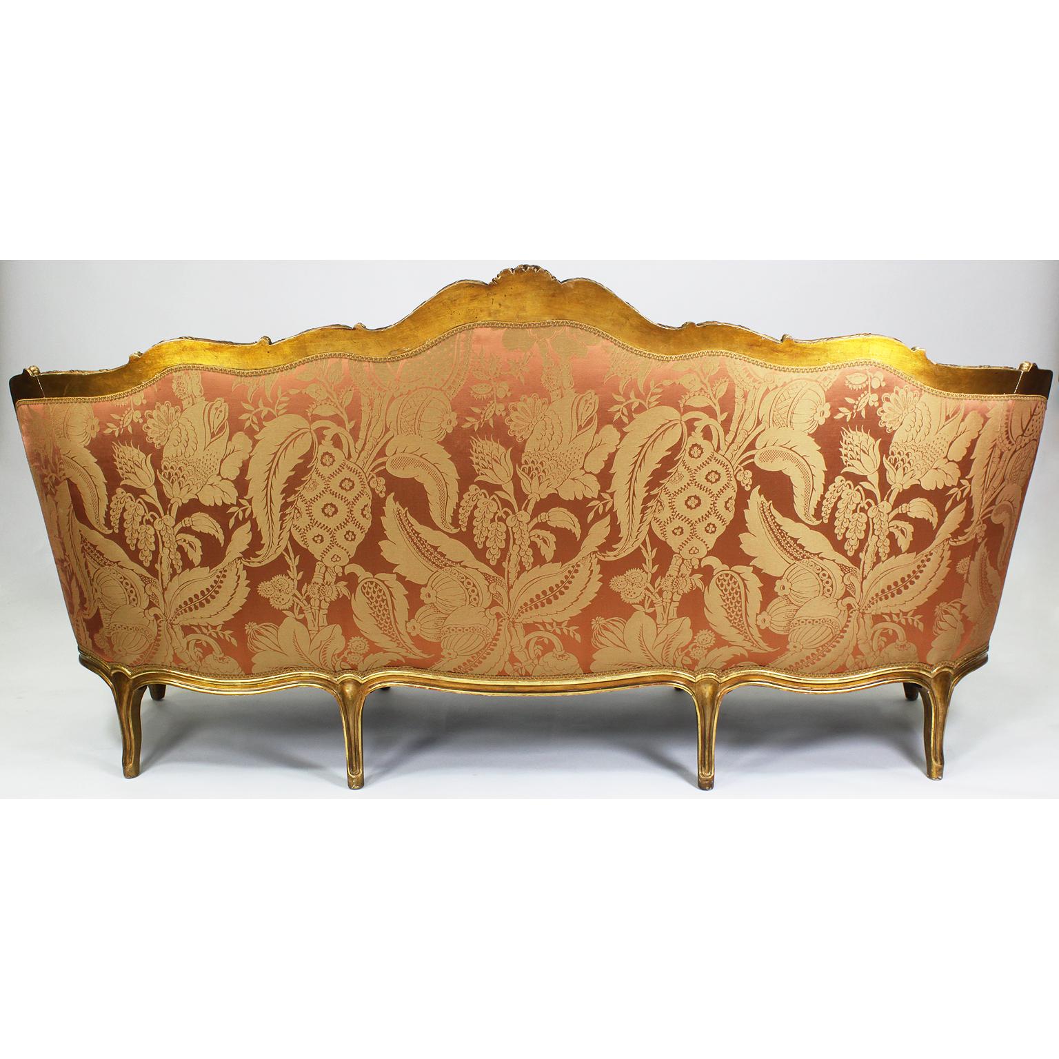 Fine Louis XV Style Giltwood Carved Bergère Settee, Sofa, Attributed to Jansen 4