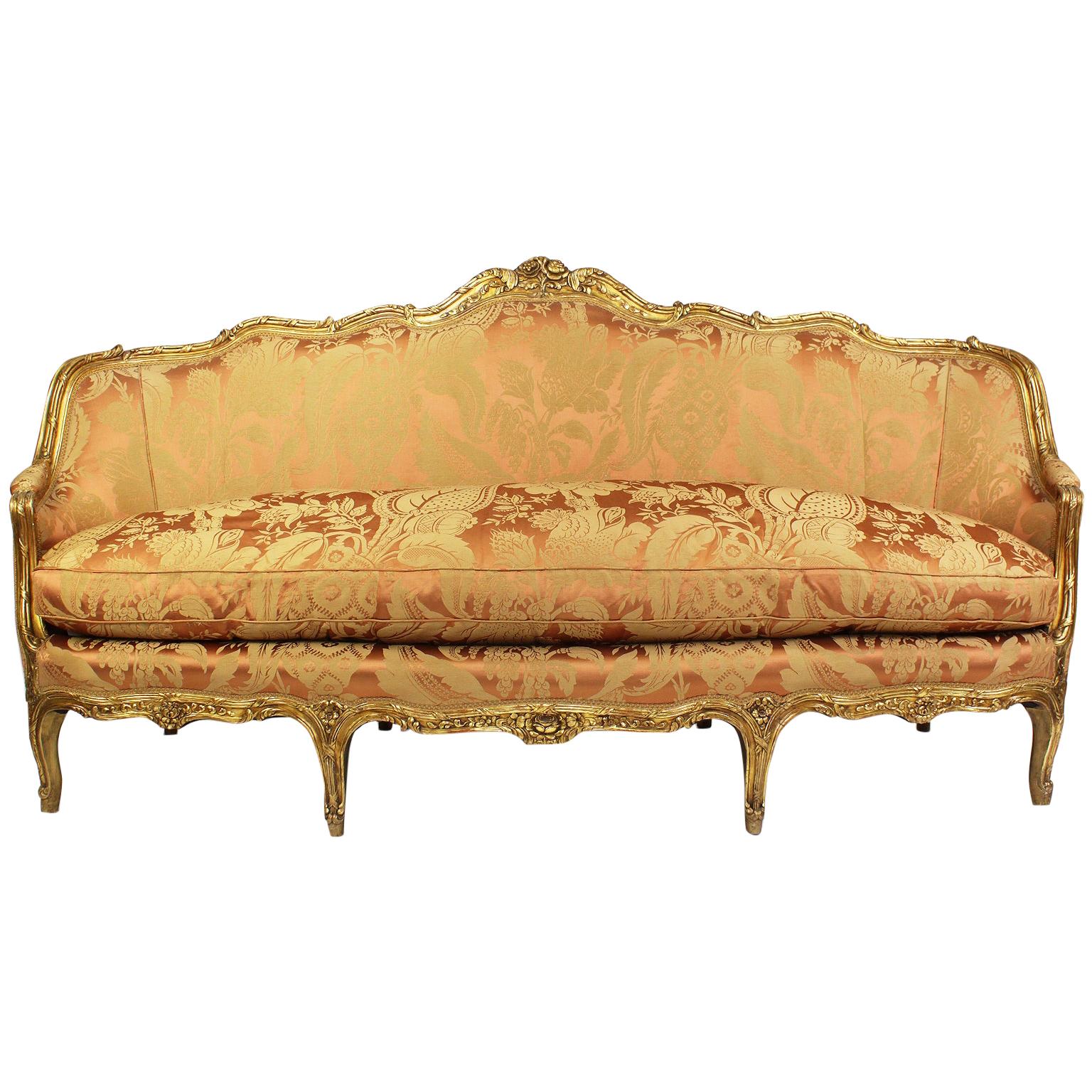 Fine Louis XV Style Giltwood Carved Bergère Settee, Sofa, Attributed to